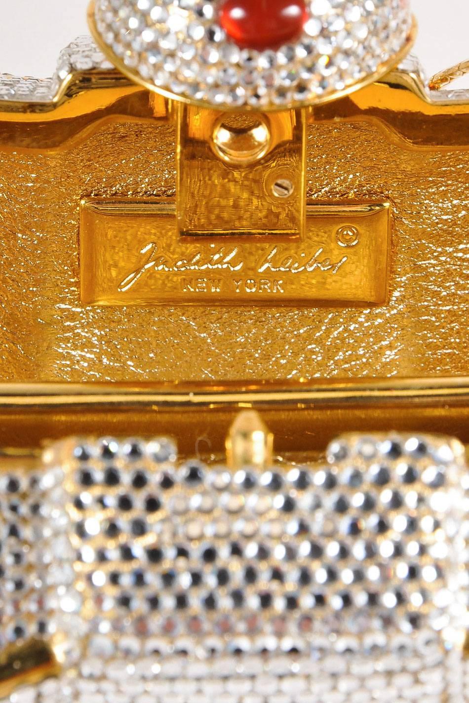 Judith Leiber Gold Tone Crystal Embellished Bow Minaudiere Shoulder Bag For Sale 5
