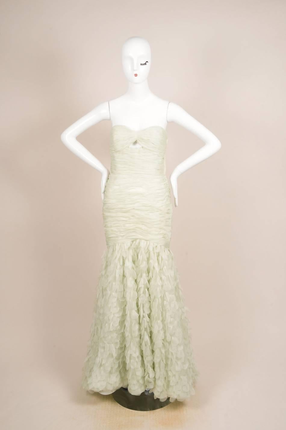 Beige Oscar de la Renta Mint Green Silk Paillette Ruched Strapless Gown SZ 6 For Sale