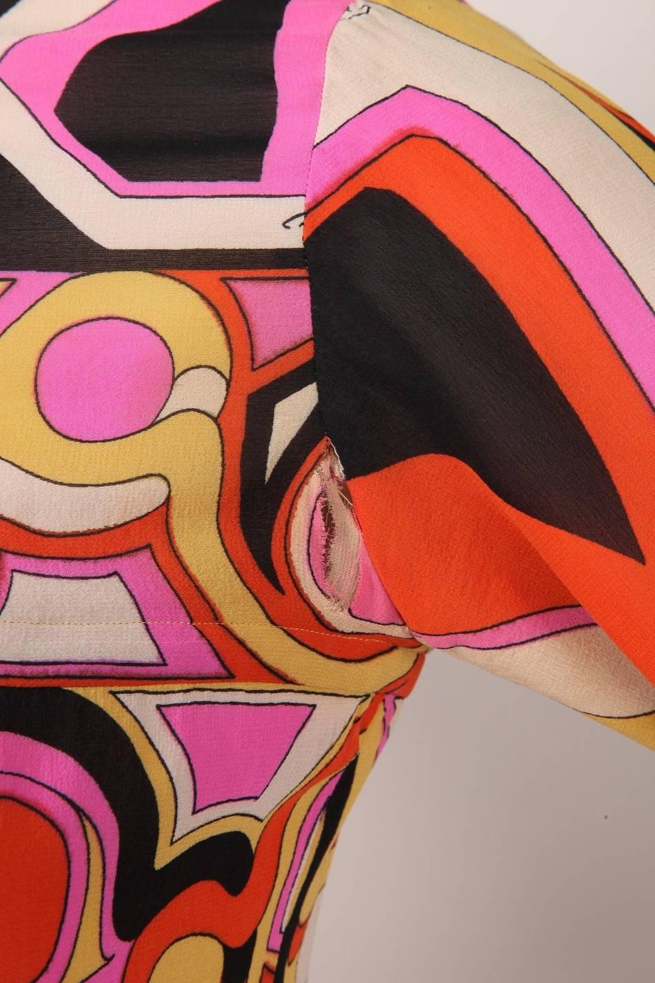 Vintage Emilio Pucci Pink/Orange/Yellow Abstract Pattern Belted Silk Dress SZ 10 For Sale 1