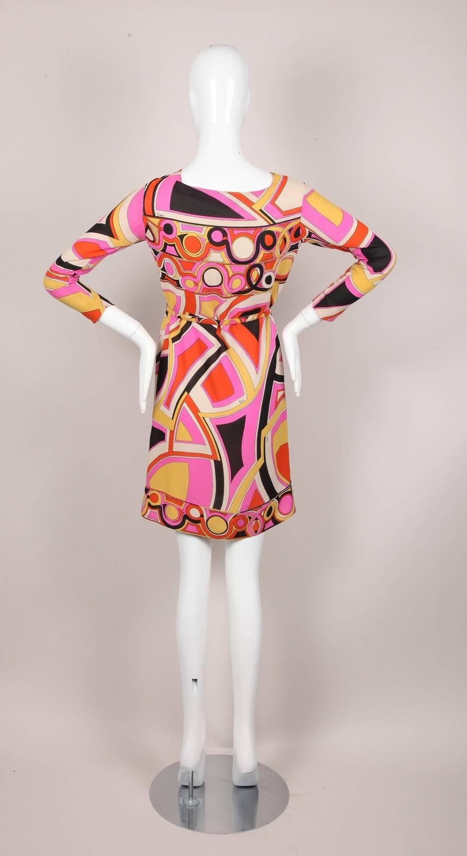 Vintage Emilio Pucci Pink/Orange/Yellow Abstract Pattern Belted Silk Dress SZ 10 In Good Condition For Sale In Chicago, IL