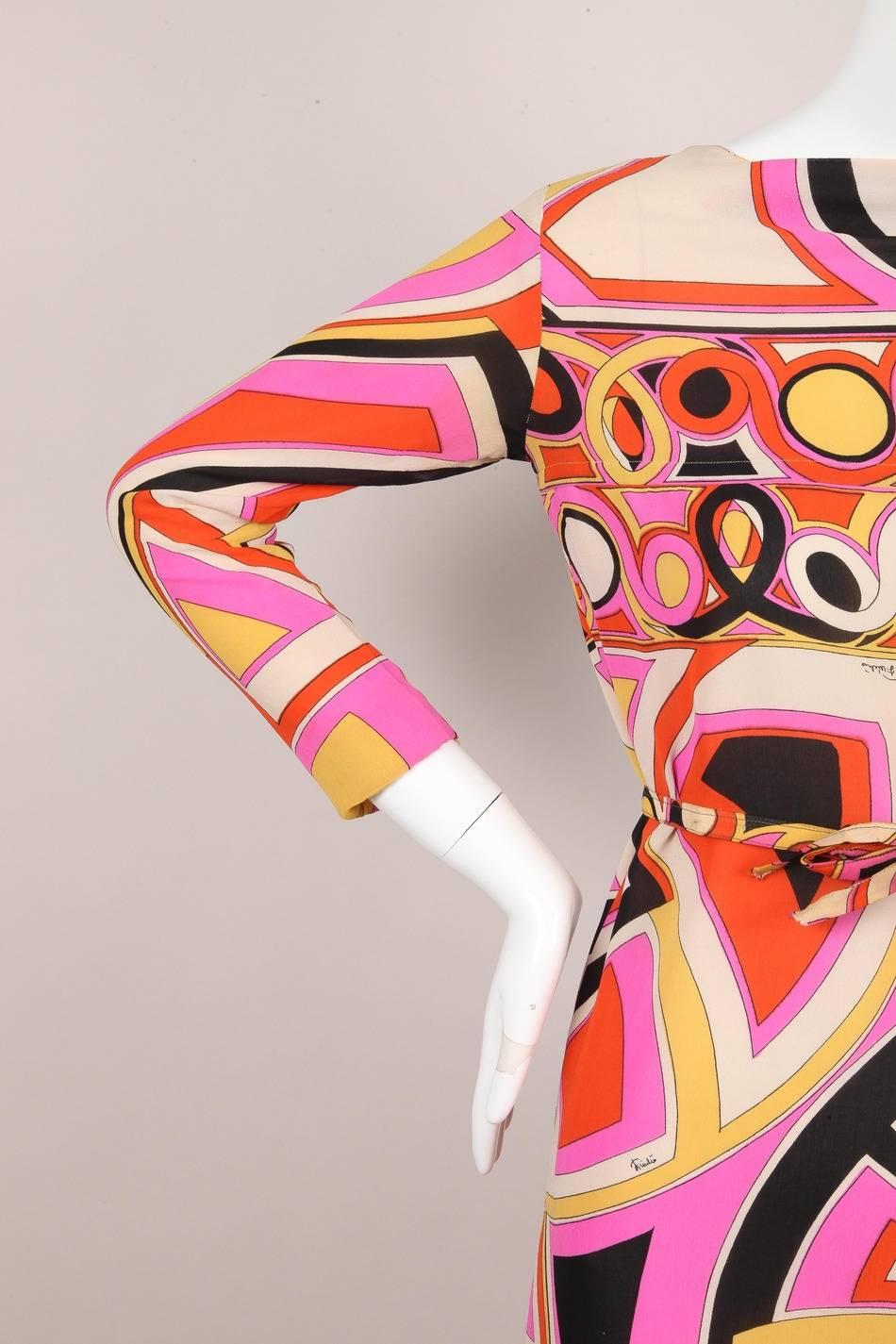 Vintage Emilio Pucci Rosa/Naranja/Amarillo Abstracto Vestido de Seda con Cinturón SZ 10 en venta 1