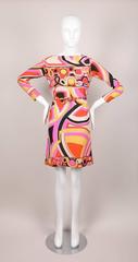 Robe vintage Emilio Pucci rose/orange/jaune/jaune à motif abstrait avec ceinture, taille 10
