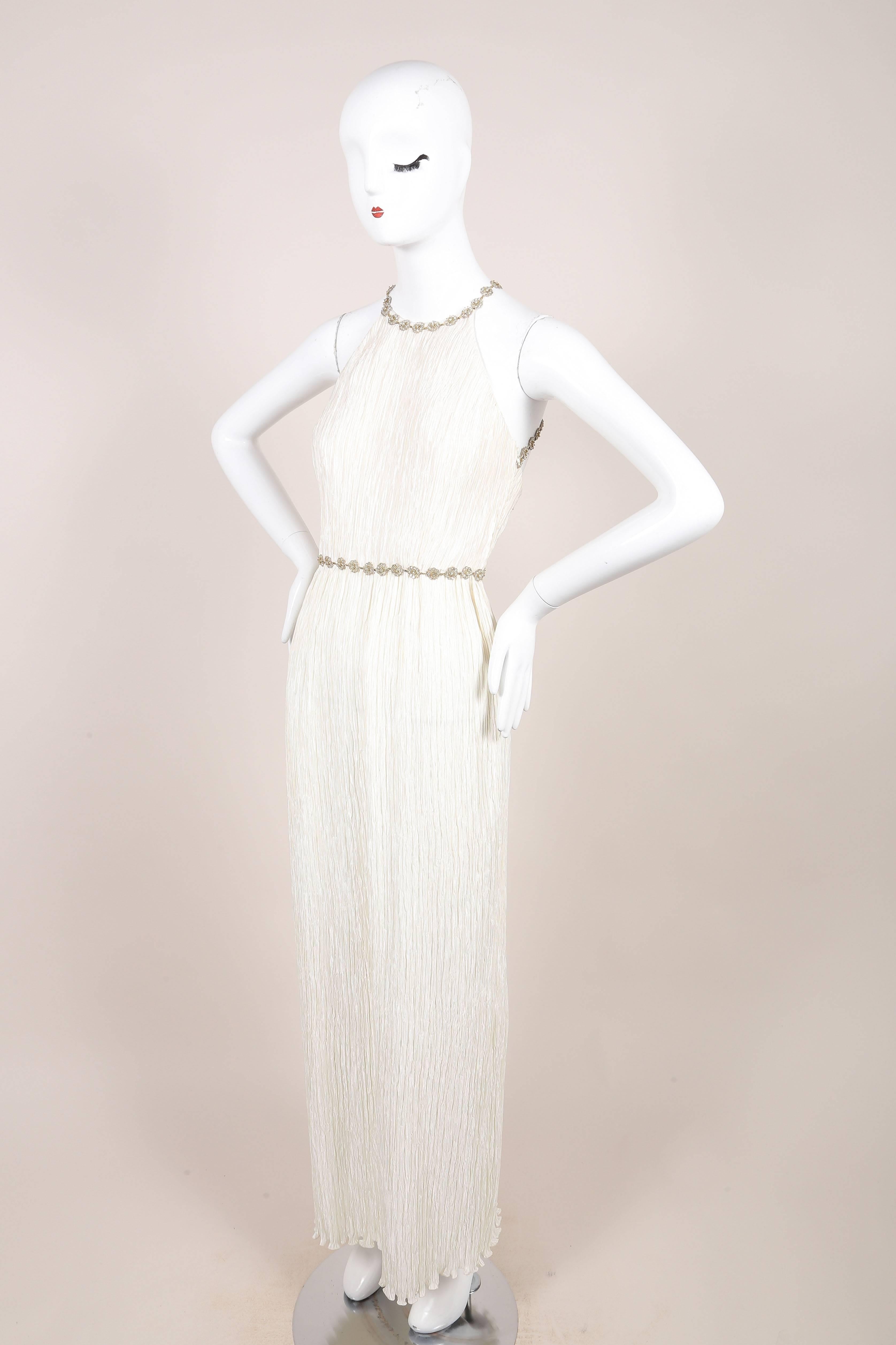 Gray Vintage Mary McFadden Ivory Crinkled Beaded Strap Back Sleeveless Gown SZ 4 For Sale