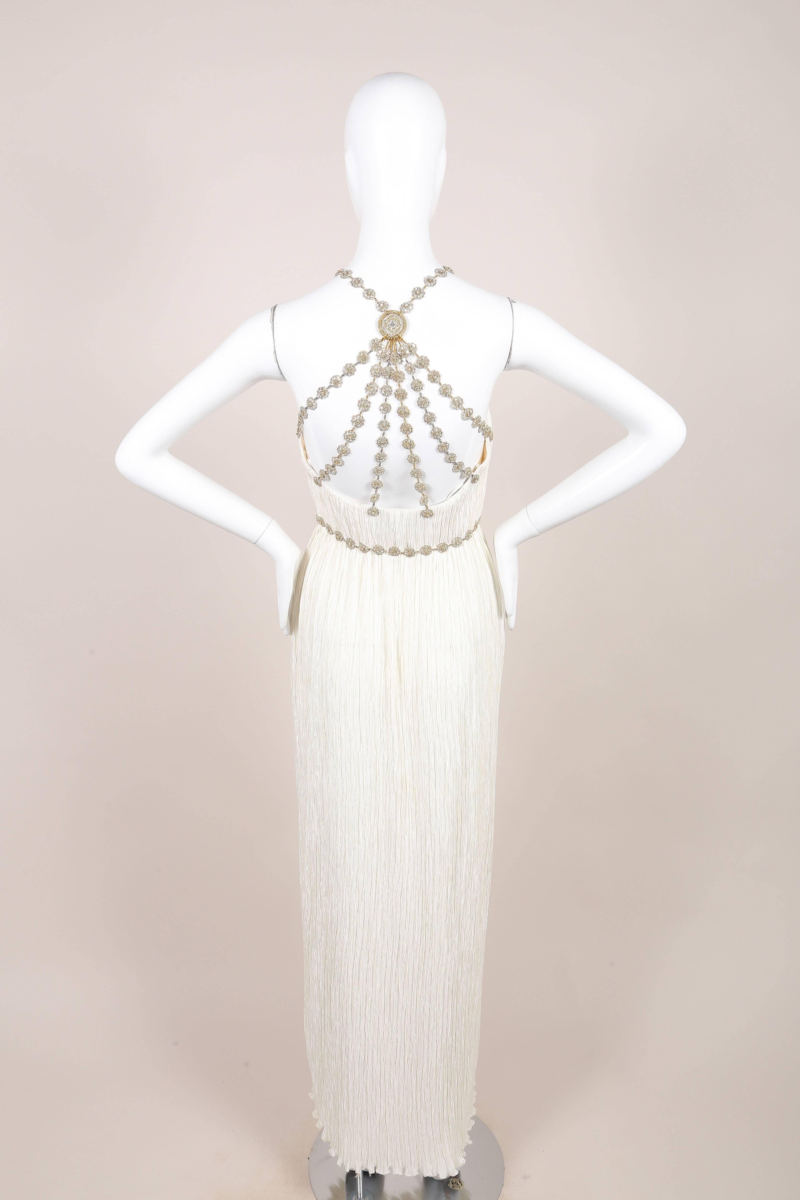 Vintage Mary McFadden Ivory Crinkled Beaded Strap Back Sleeveless Gown SZ 4 For Sale 2