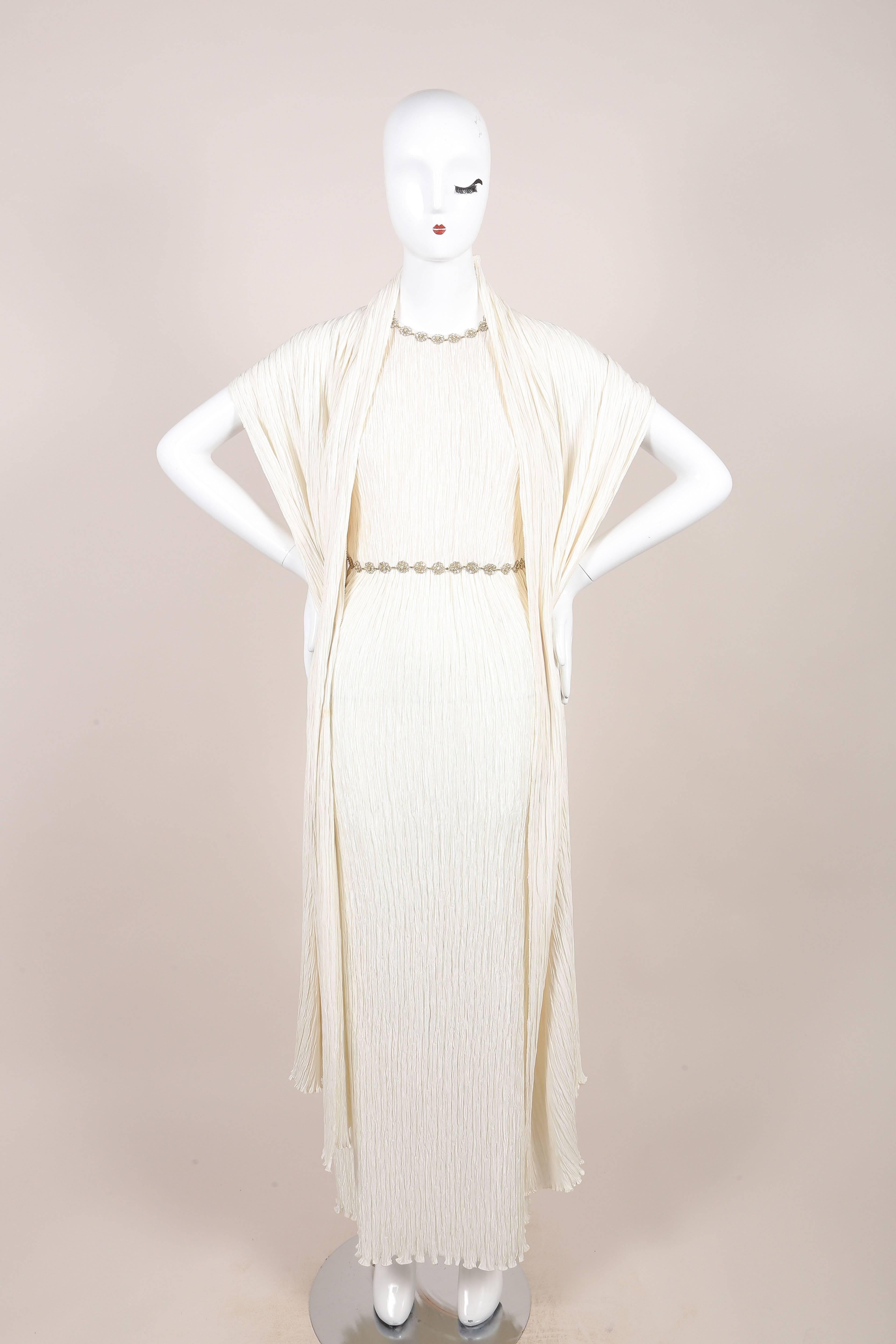 Vintage Mary McFadden Ivory Crinkled Beaded Strap Back Sleeveless Gown SZ 4 In Good Condition For Sale In Chicago, IL