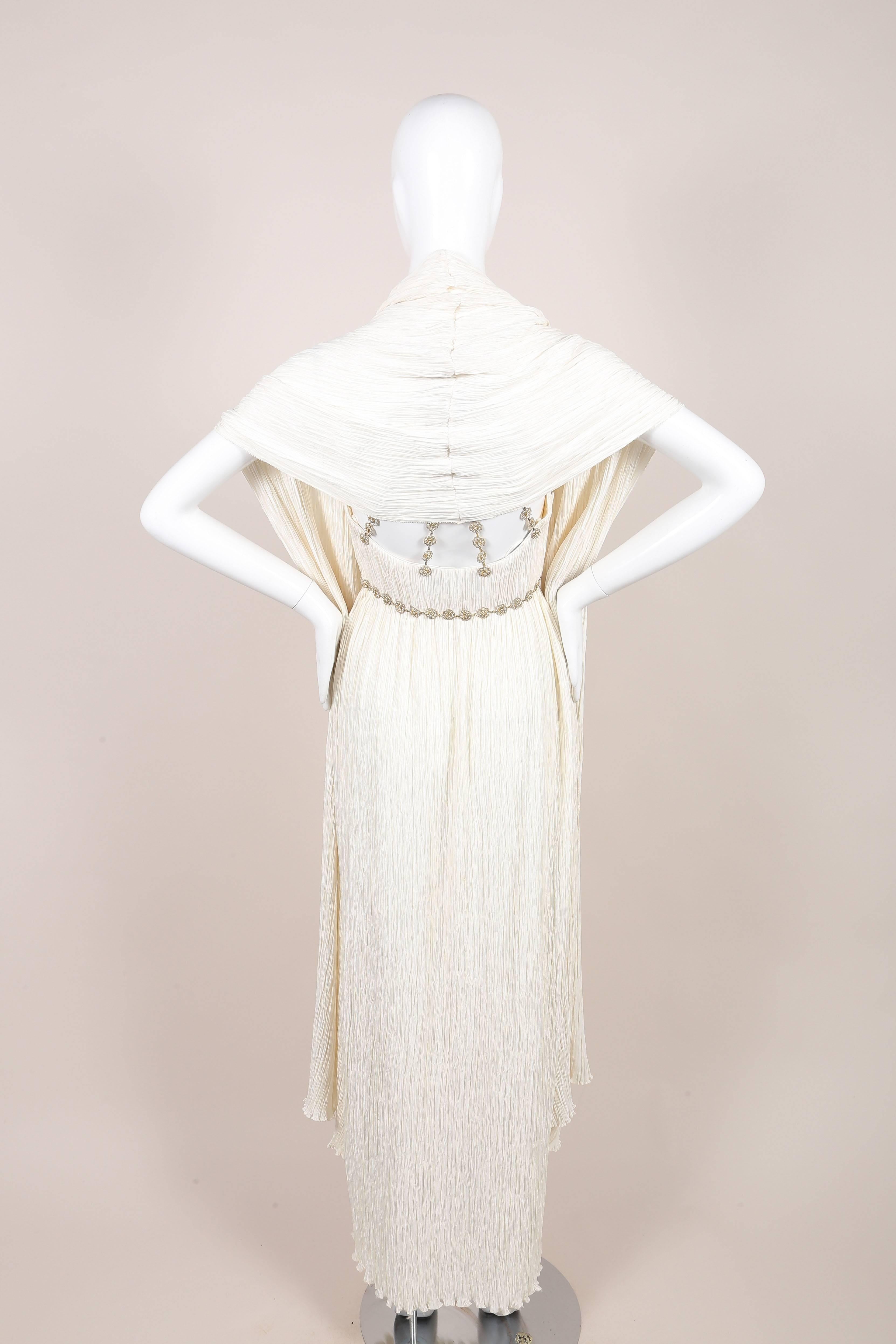 Women's Vintage Mary McFadden Ivory Crinkled Beaded Strap Back Sleeveless Gown SZ 4 For Sale