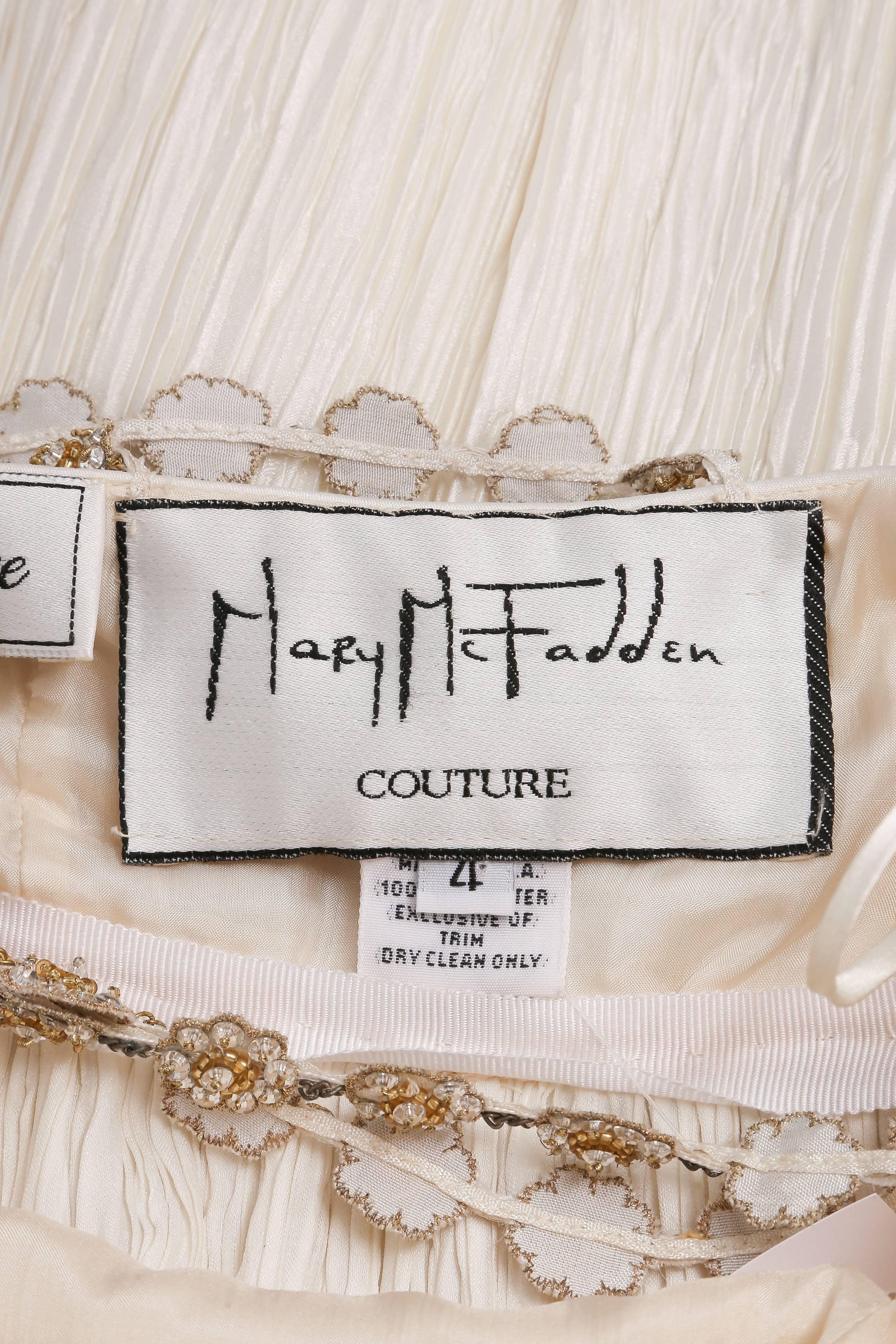 Vintage Mary McFadden Ivory Crinkled Beaded Strap Back Sleeveless Gown SZ 4 For Sale 4
