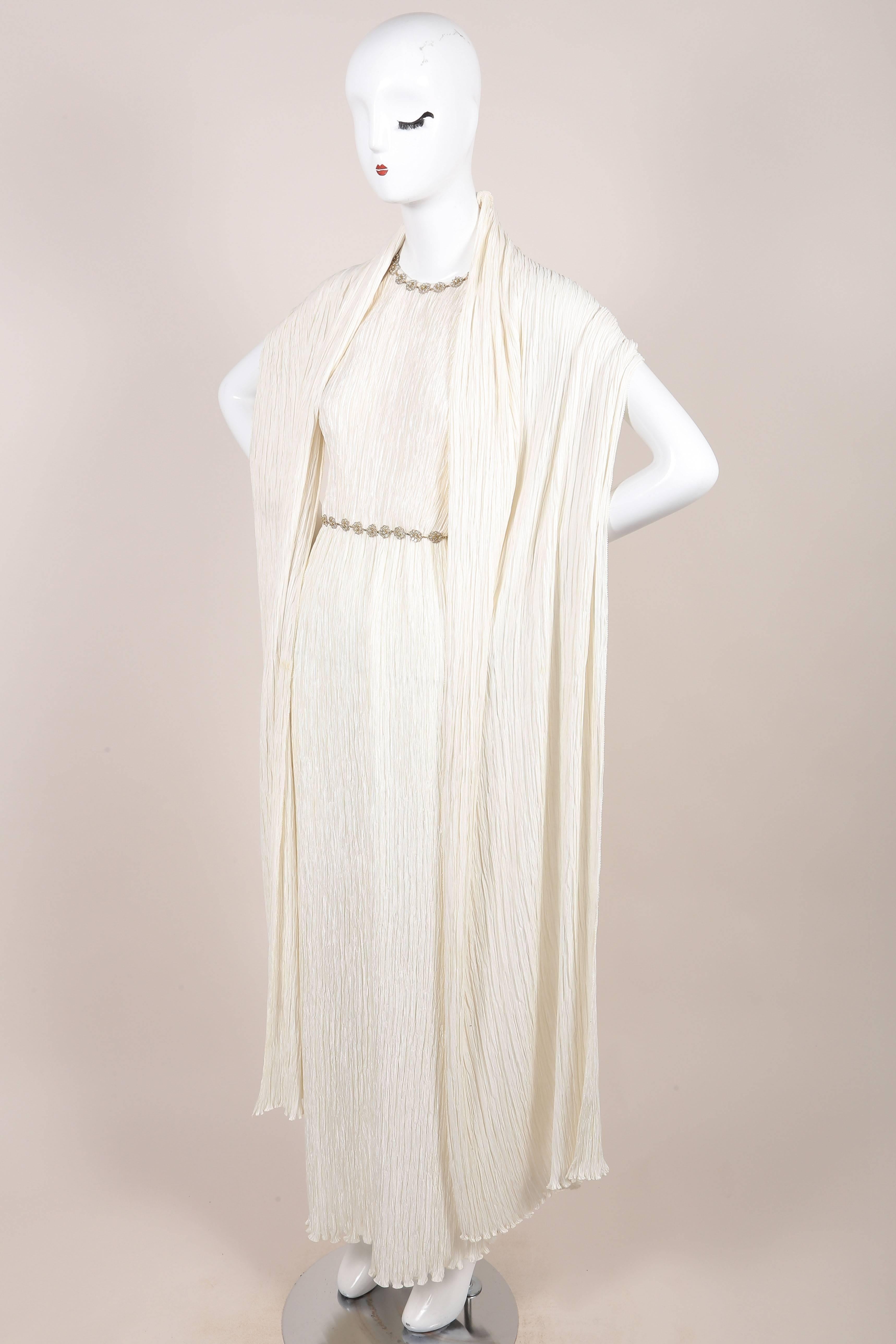 Vintage Mary McFadden Ivory Crinkled Beaded Strap Back Sleeveless Gown SZ 4 For Sale 1