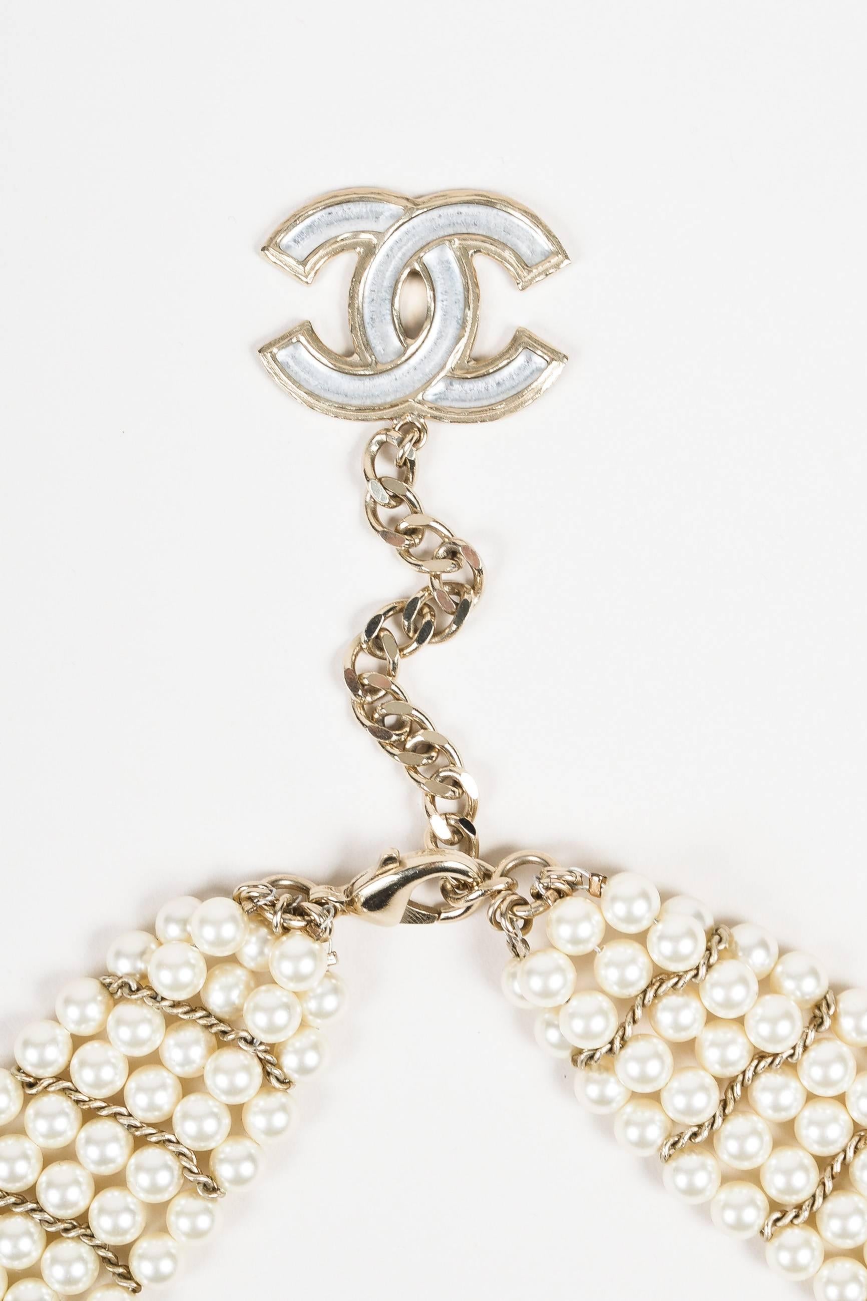 Chanel 12A Gold Tone Faux Pearl Glass Stone 'CC' Flower Pedant Bib Necklace In Good Condition For Sale In Chicago, IL
