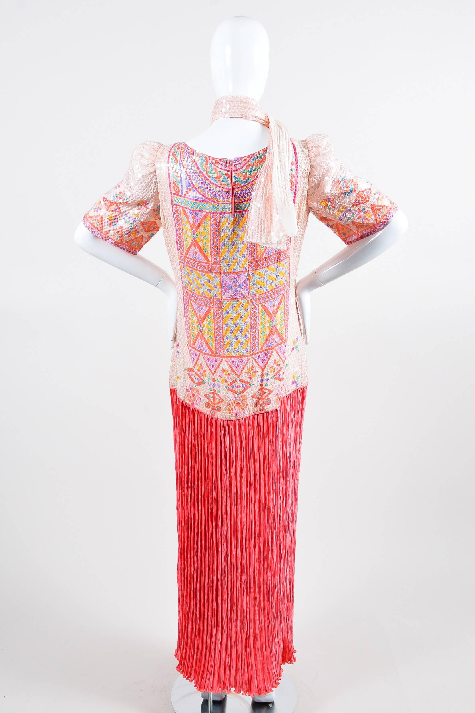 Vintage Mary McFadden Pink Multicolor Sequin Printed Pleat SS Long Dress SZ 10 In Good Condition In Chicago, IL