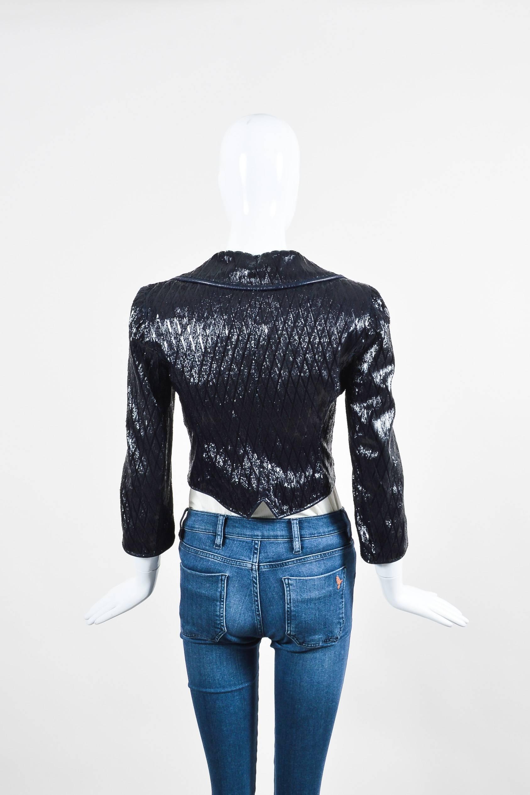Chanel Navy Blue Patent Leather Feathered Laser Cut Cropped Jacket SZ 36 In Excellent Condition In Chicago, IL