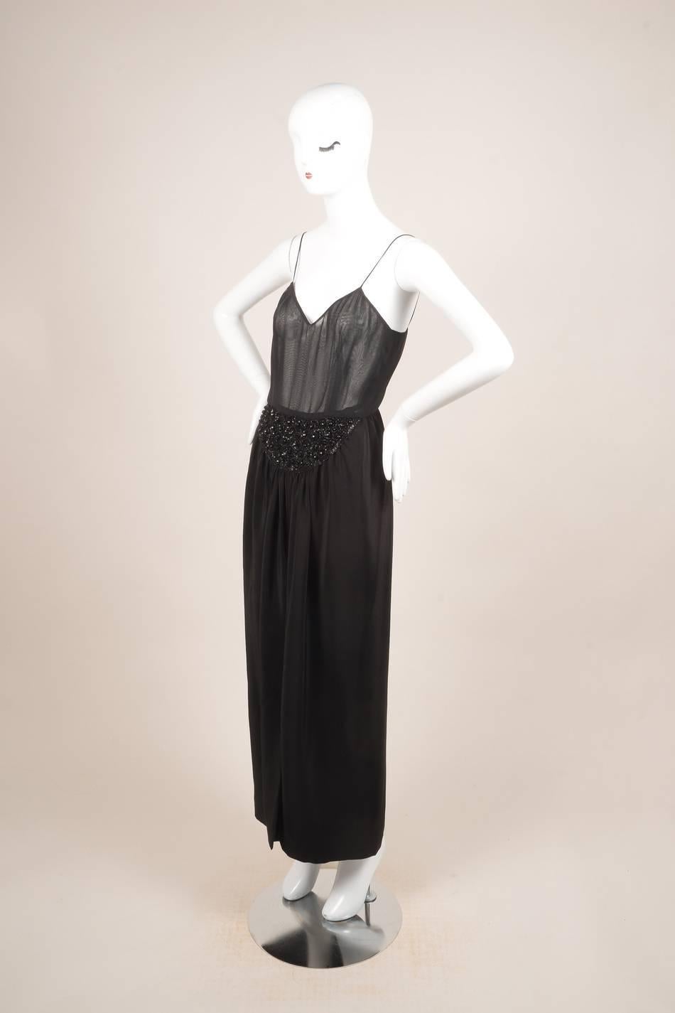 Vintage Oscar de la Renta Black Silk Beaded Sheer Sleeveless Dress SZ 8 In Excellent Condition For Sale In Chicago, IL