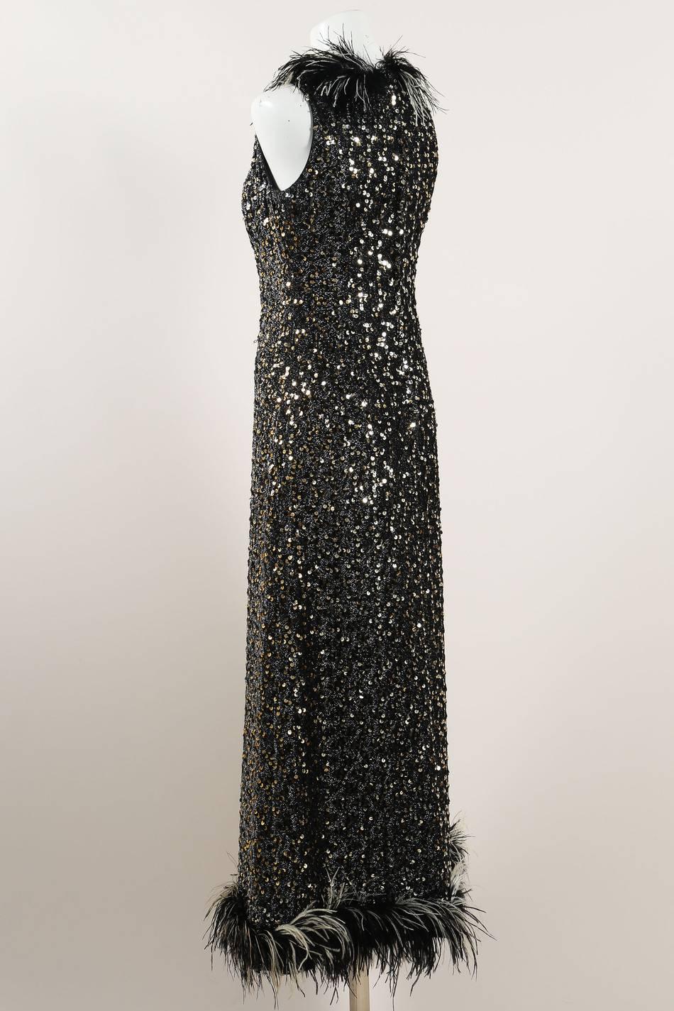 Vintage Jack Bryan Black Silver Metallic Sequin Feather Sleeveless Gown SZ 10 For Sale 1