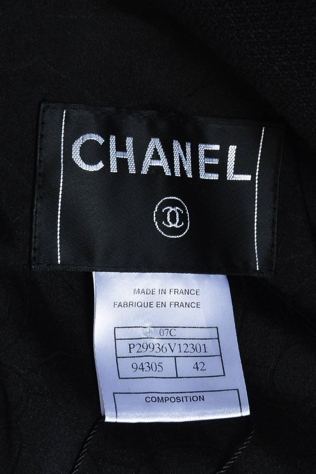 Chanel 07C Black Woven Wool Ruched Silk Chiffon Long Sleeve Blazer Jacket SZ 42 For Sale 2