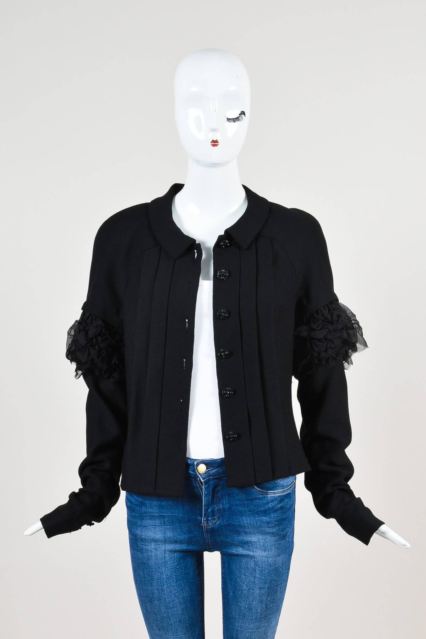 Chanel 07C Black Woven Wool Ruched Silk Chiffon Long Sleeve Blazer Jacket SZ 42 In Good Condition For Sale In Chicago, IL