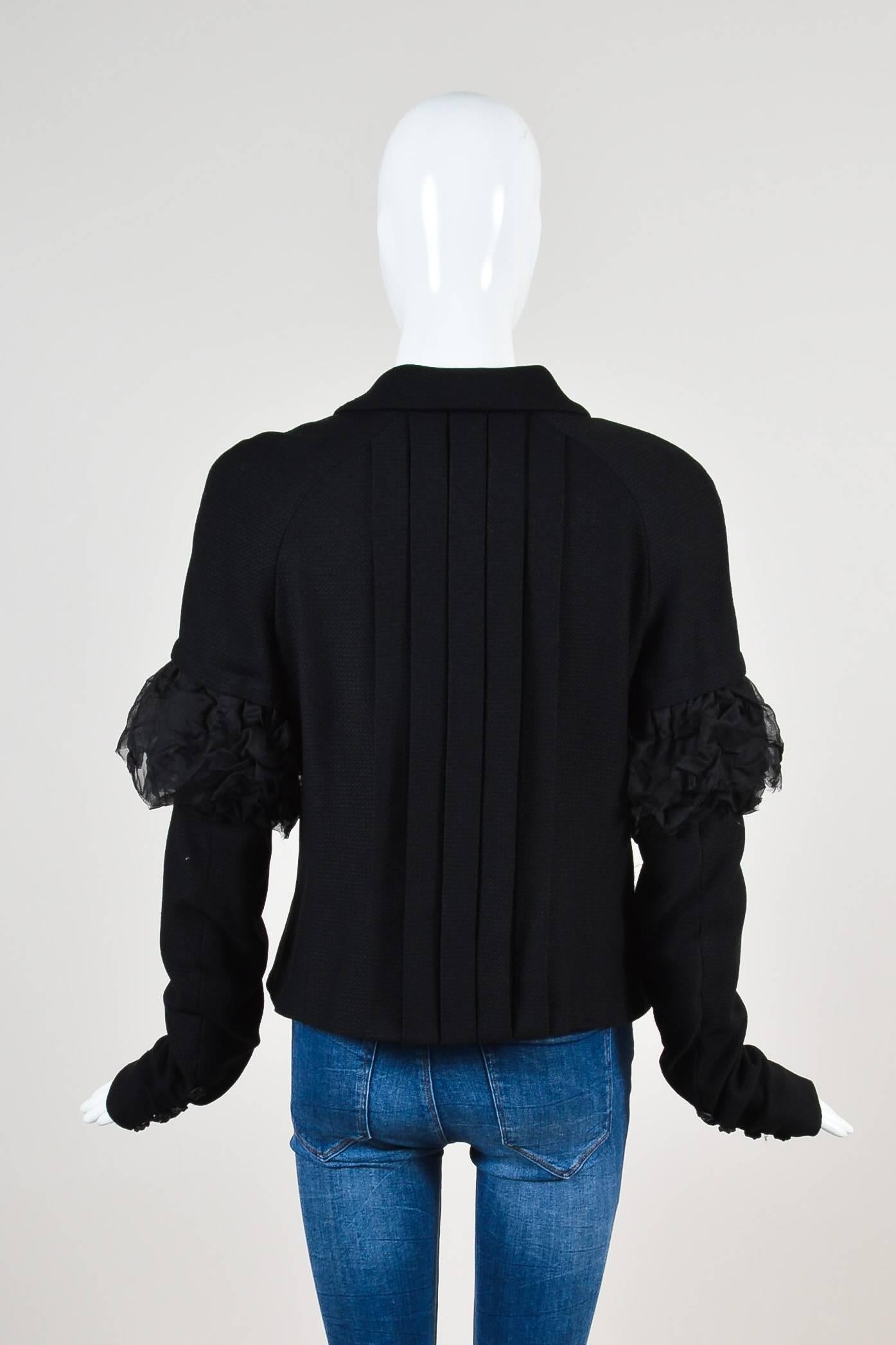 Chanel 07C Black Woven Wool Ruched Silk Chiffon Long Sleeve Blazer Jacket SZ 42 For Sale 1