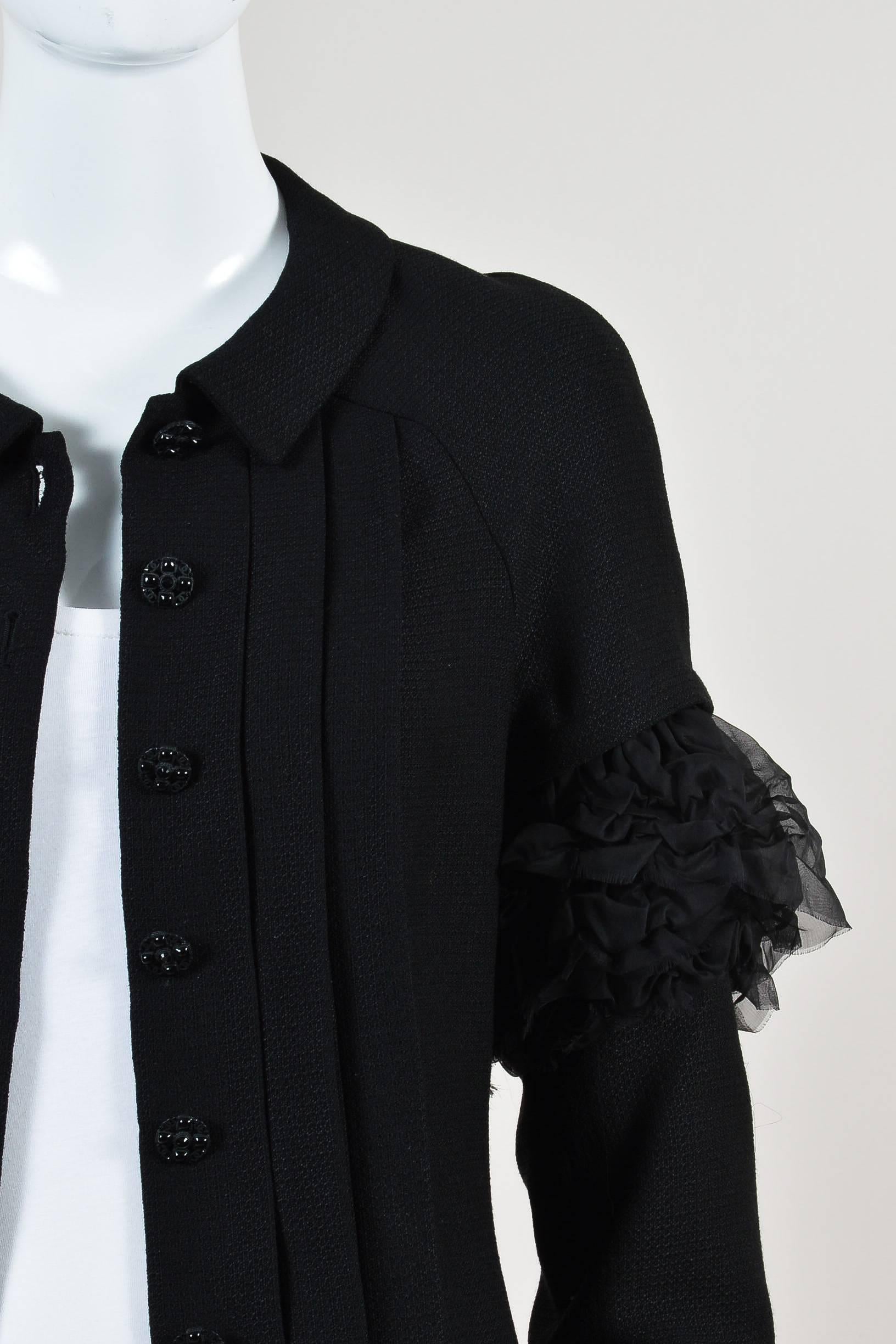 Women's Chanel 07C Black Woven Wool Ruched Silk Chiffon Long Sleeve Blazer Jacket SZ 42 For Sale