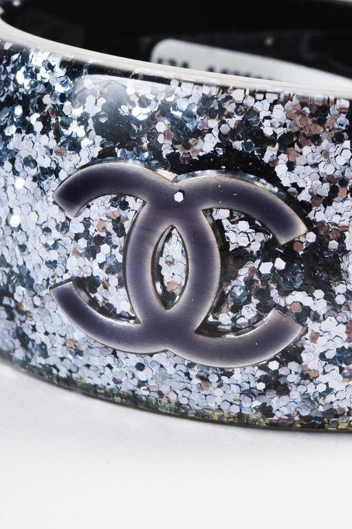 Chanel 12A Black Silver Lucite 'CC' Glitter Embellished Bangle Bracelet