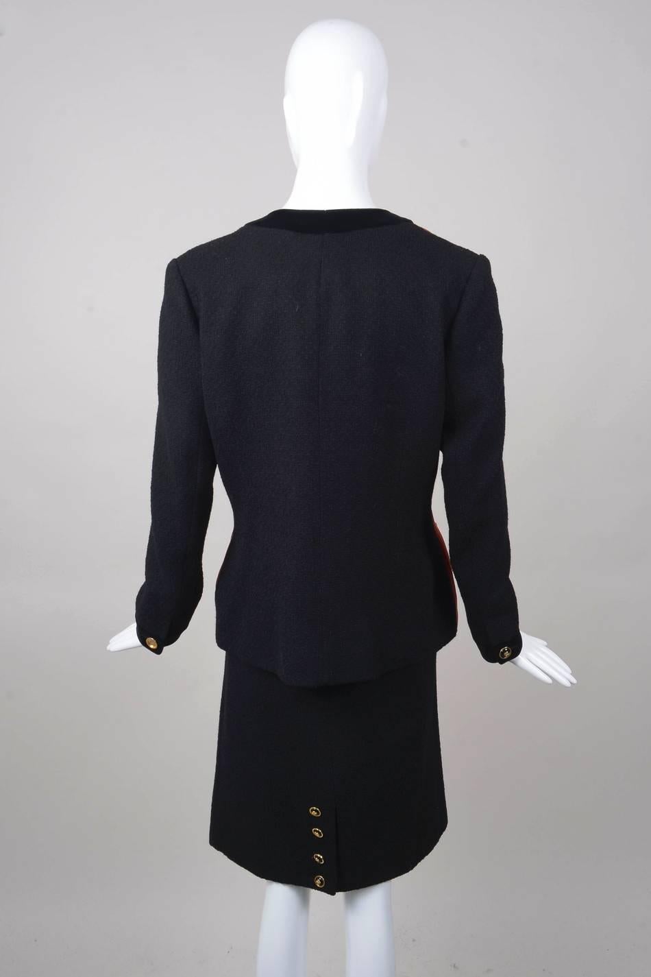 Women's Vintage Chanel Black & Orange Satin Panel Jacket & Knit Skirt Suit Set For Sale