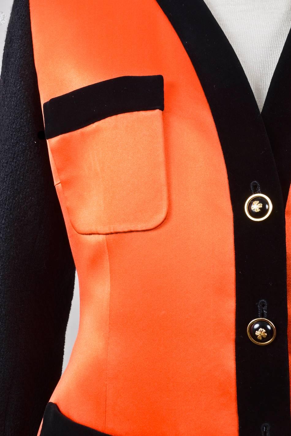 Vintage Chanel Black & Orange Satin Panel Jacket & Knit Skirt Suit Set In Good Condition For Sale In Chicago, IL
