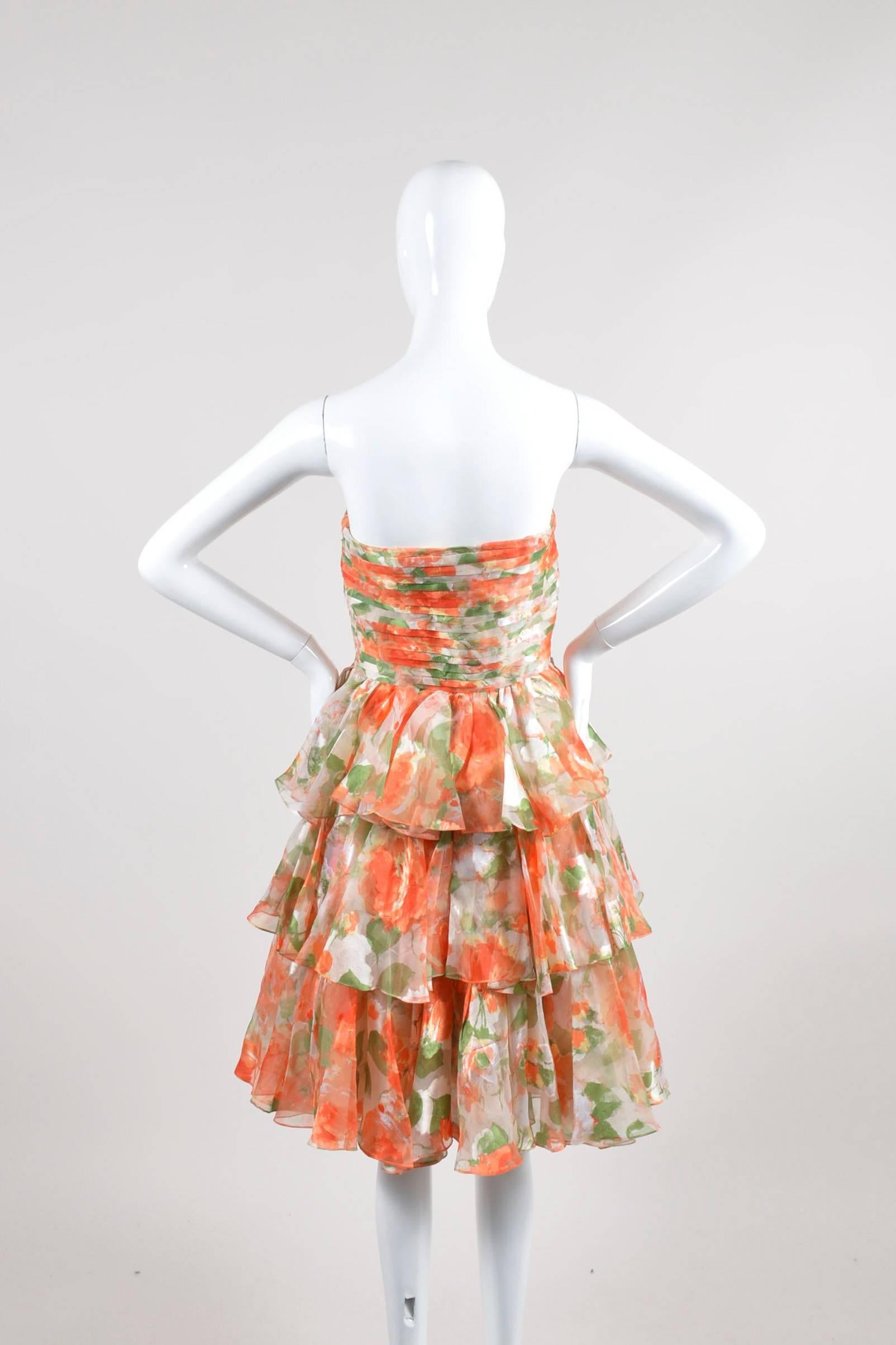 Beige Vintage Oscar De La Renta Orange Green Floral Print Ruffle SL Dress SZ 10 For Sale