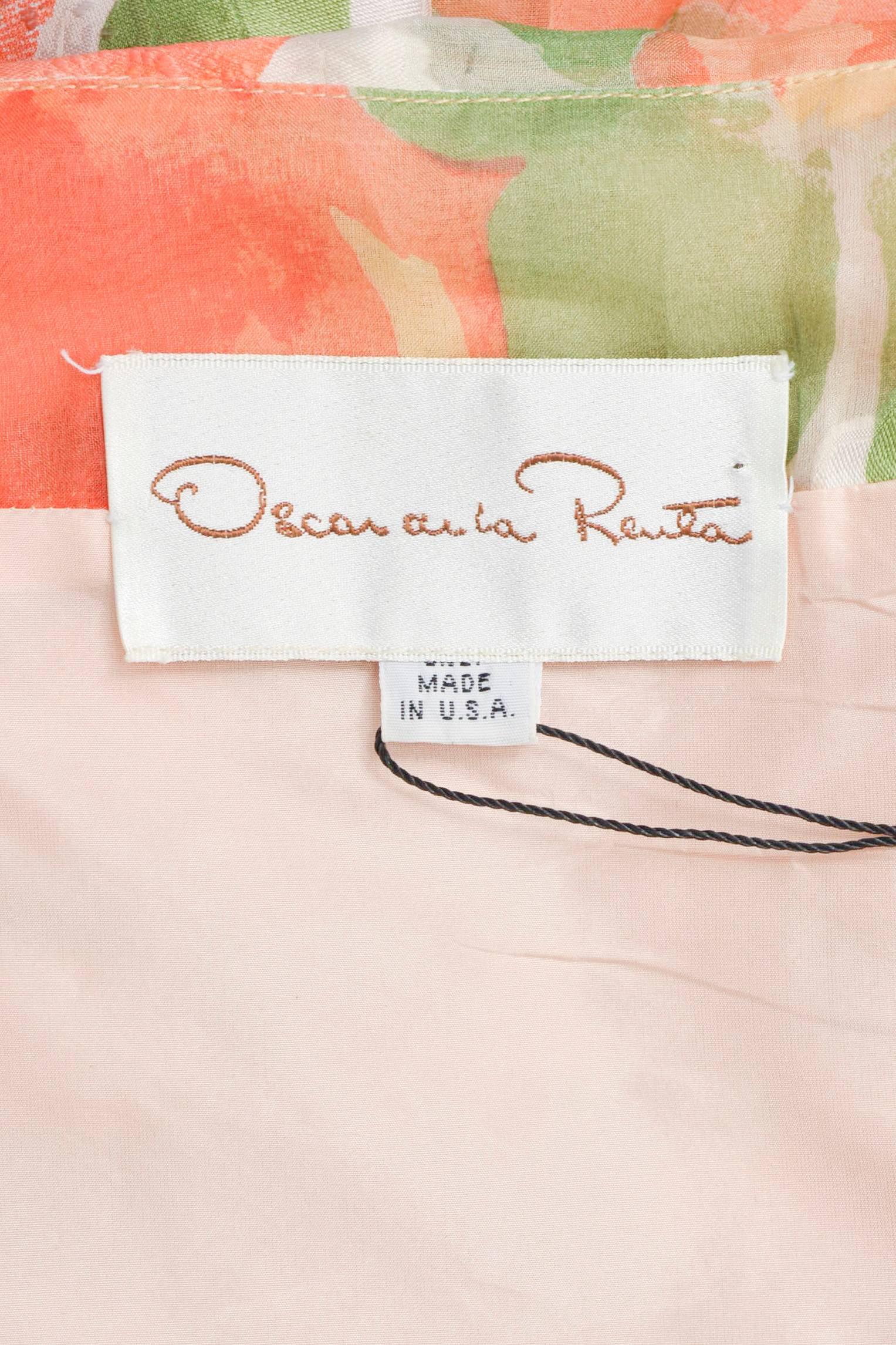 Women's Vintage Oscar De La Renta Orange Green Floral Print Ruffle SL Dress SZ 10 For Sale
