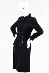 Chanel Black Cotton Wool Tweed Sequined Blazer Skirt Suit Set SZ 38