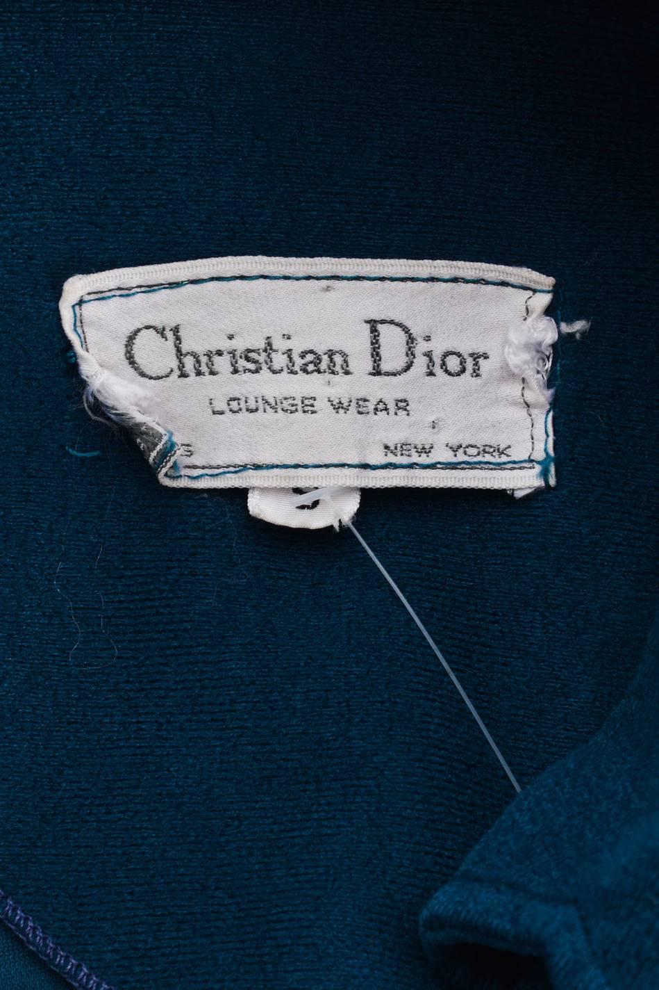 Women's Vintage Christian Dior Teal Blue Cream Velour Knit Stripe Lounge Maxi Dress SZ S For Sale