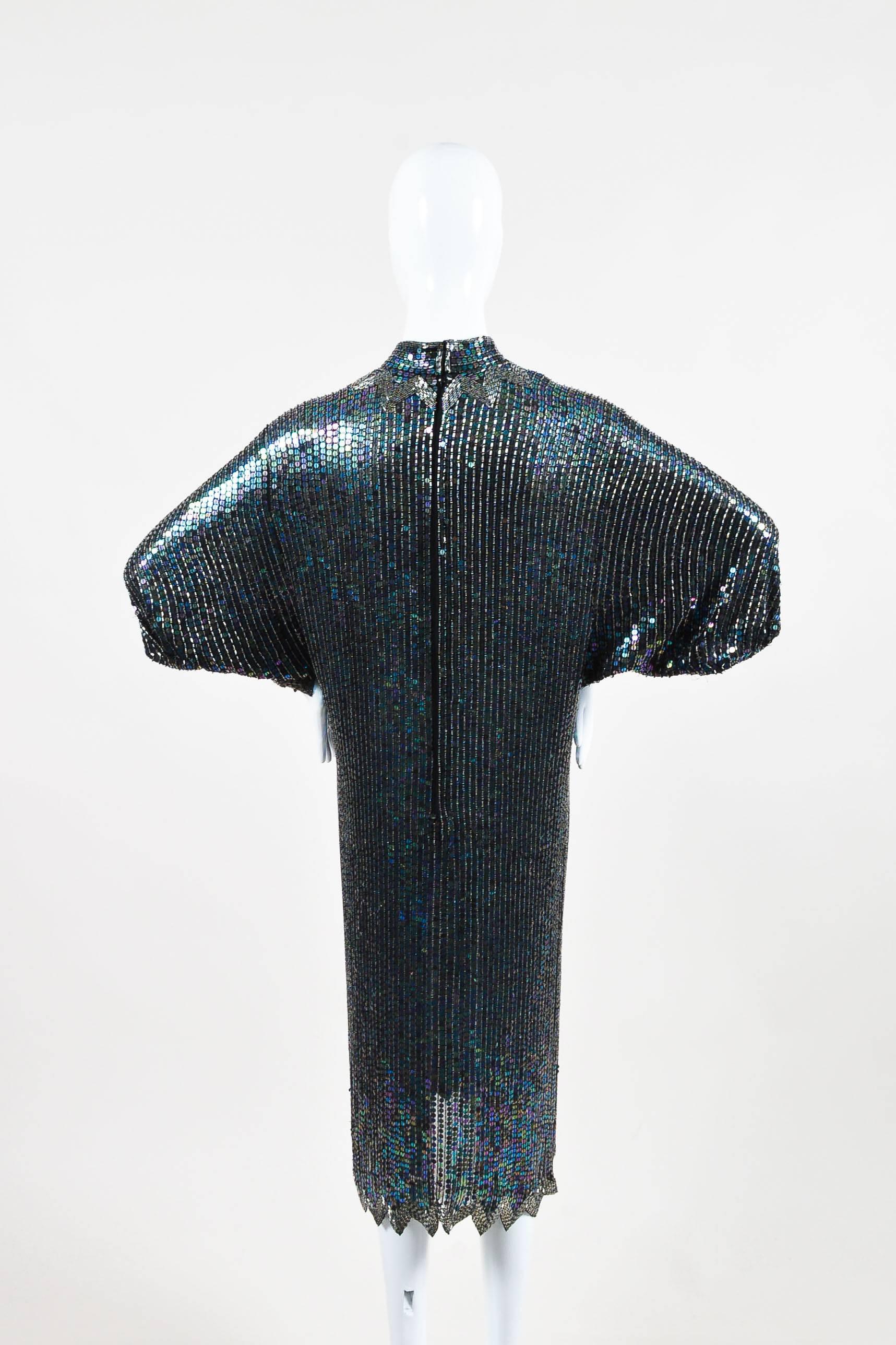 Vintage Halston Black Multicolor Sequin Beaded Dolman Sleeve Cocktail Dress SZ 6 In Good Condition For Sale In Chicago, IL
