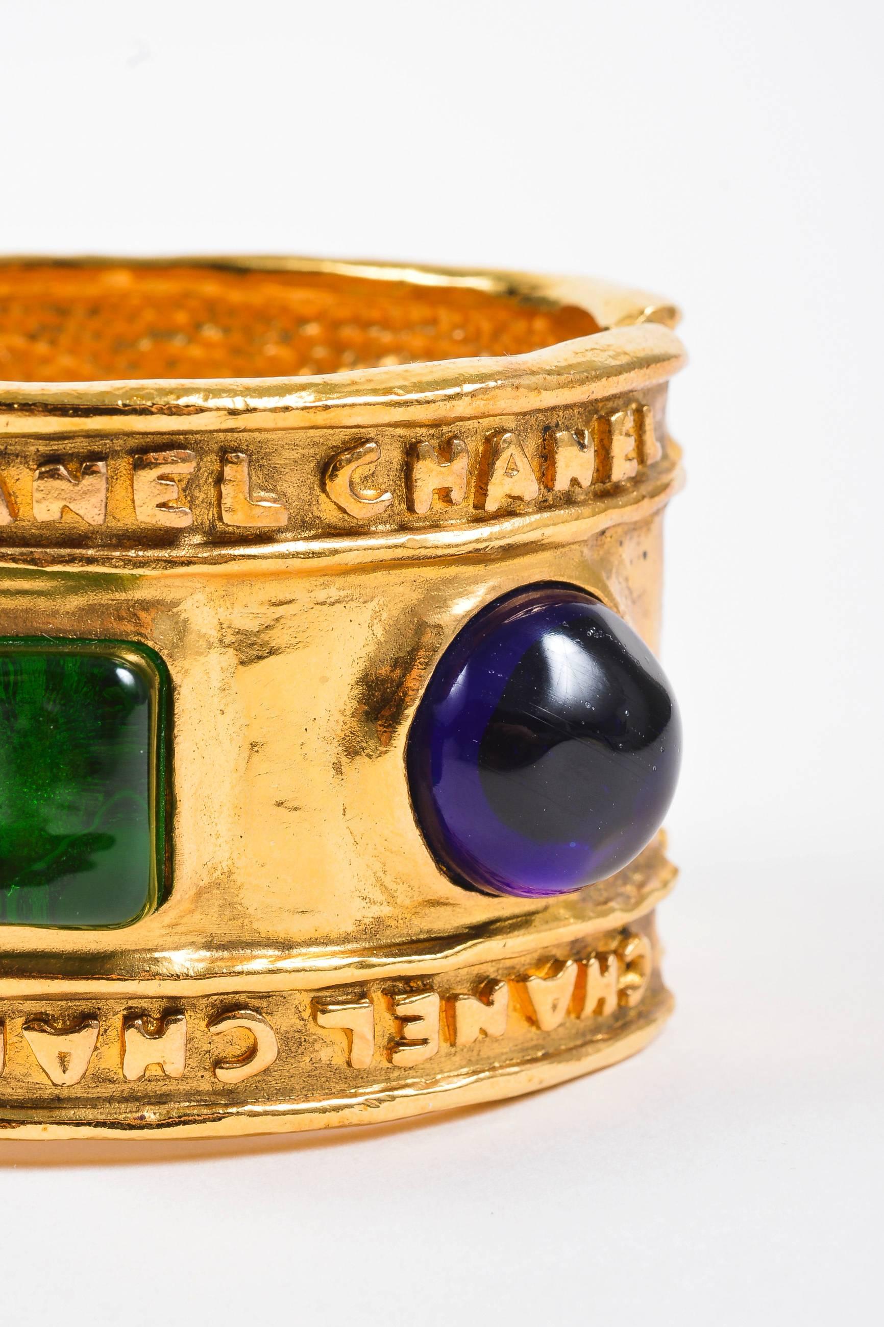 Women's Vintage Chanel Gold Tone Hammered Blue Green Stone Embellished Cuff Bracelet For Sale