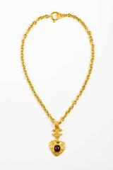 Vintage Chanel 94A Gold Tone Red Gripoix Stone 'CC' Logo Pendant Necklace
