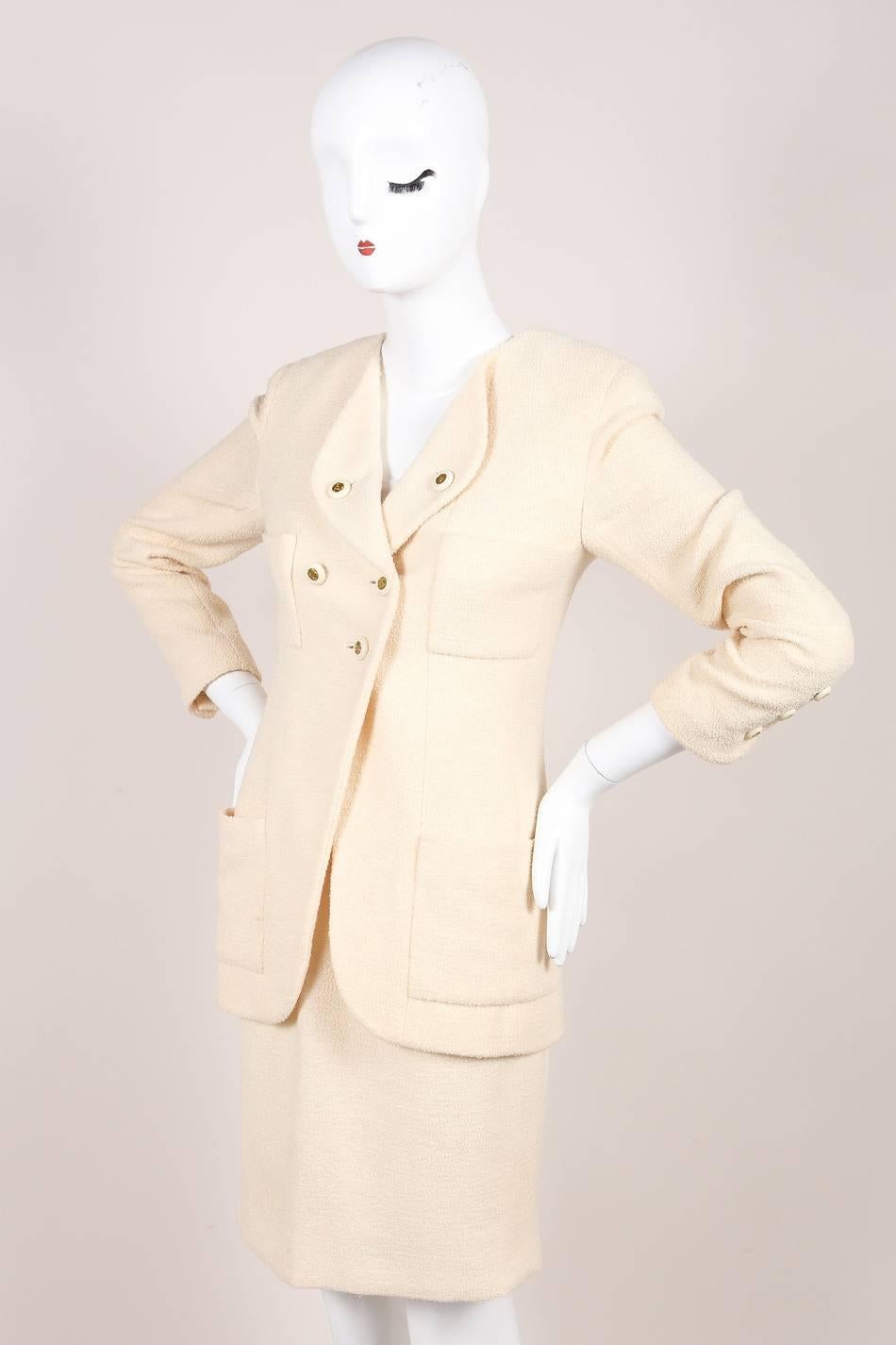 White Vintage Chanel 94P Cream Wool Tweed 'CC' Button Skirt Suit SZ 36 For Sale