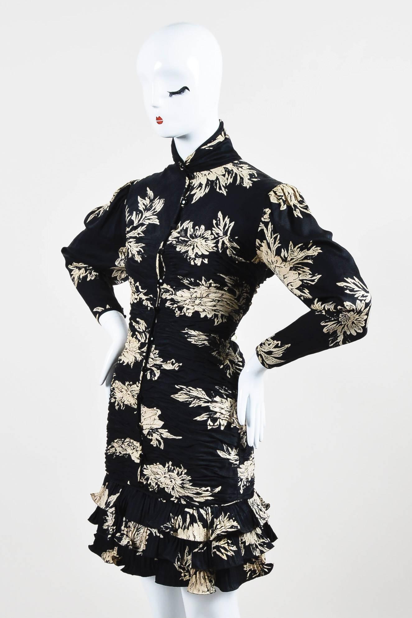 Vintage Emanuel Ungaro Parallele Black Floral Print Ruched LS Buttoned Dress In Good Condition In Chicago, IL