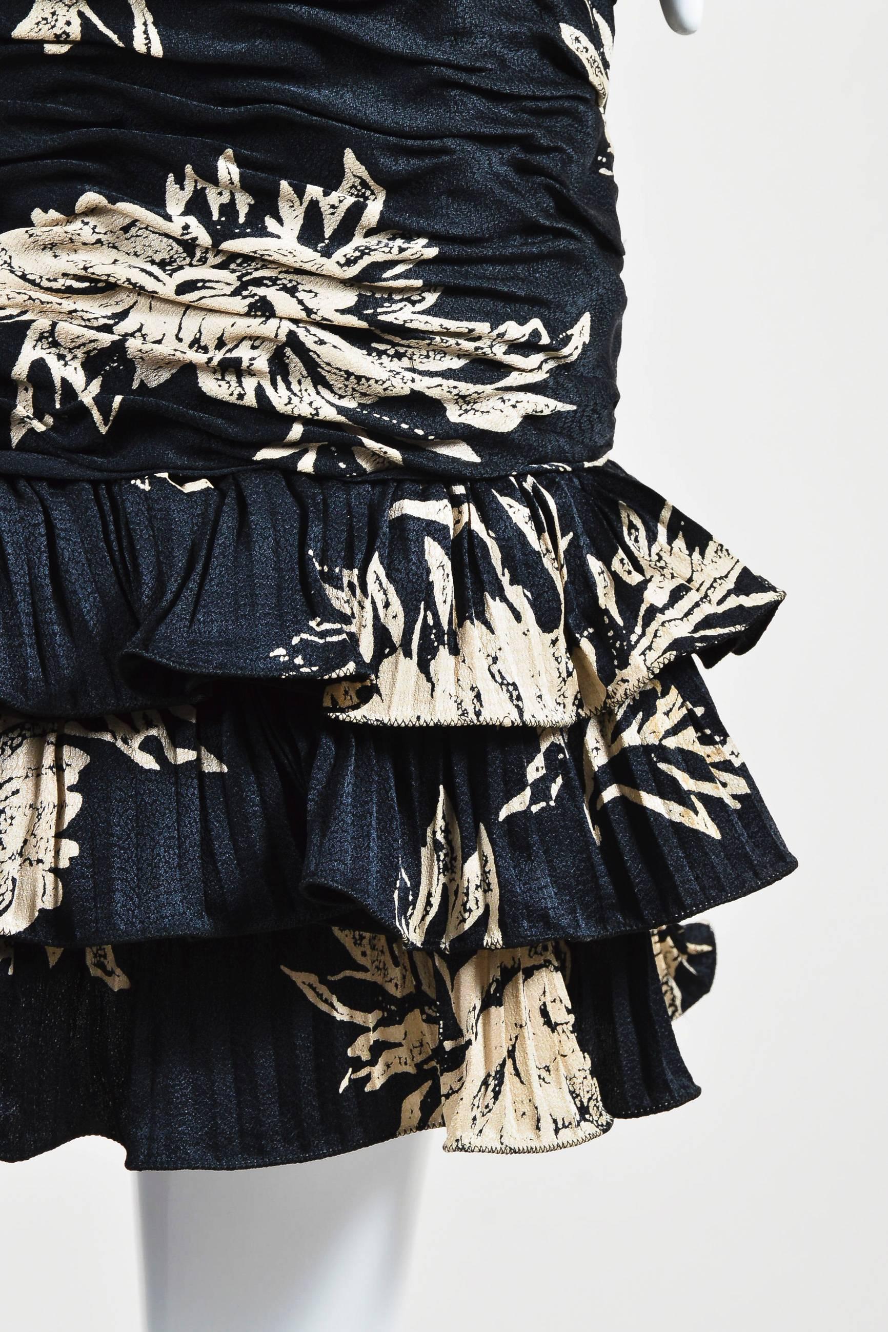 Women's Vintage Emanuel Ungaro Parallele Black Floral Print Ruched LS Buttoned Dress