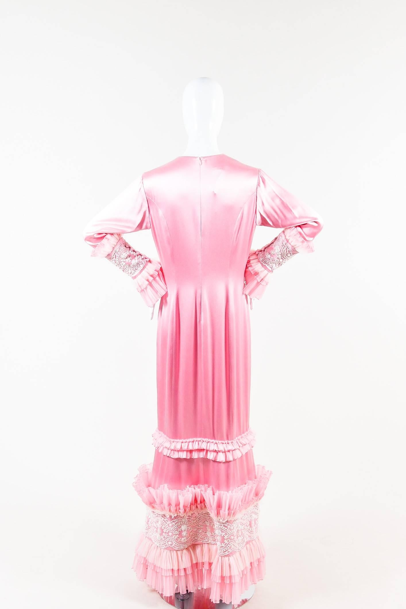 Zang Toi Pink Silk Satin Beaded Ruffle Long Sleeve Maxi Dress Gown SZ 12 In Good Condition For Sale In Chicago, IL