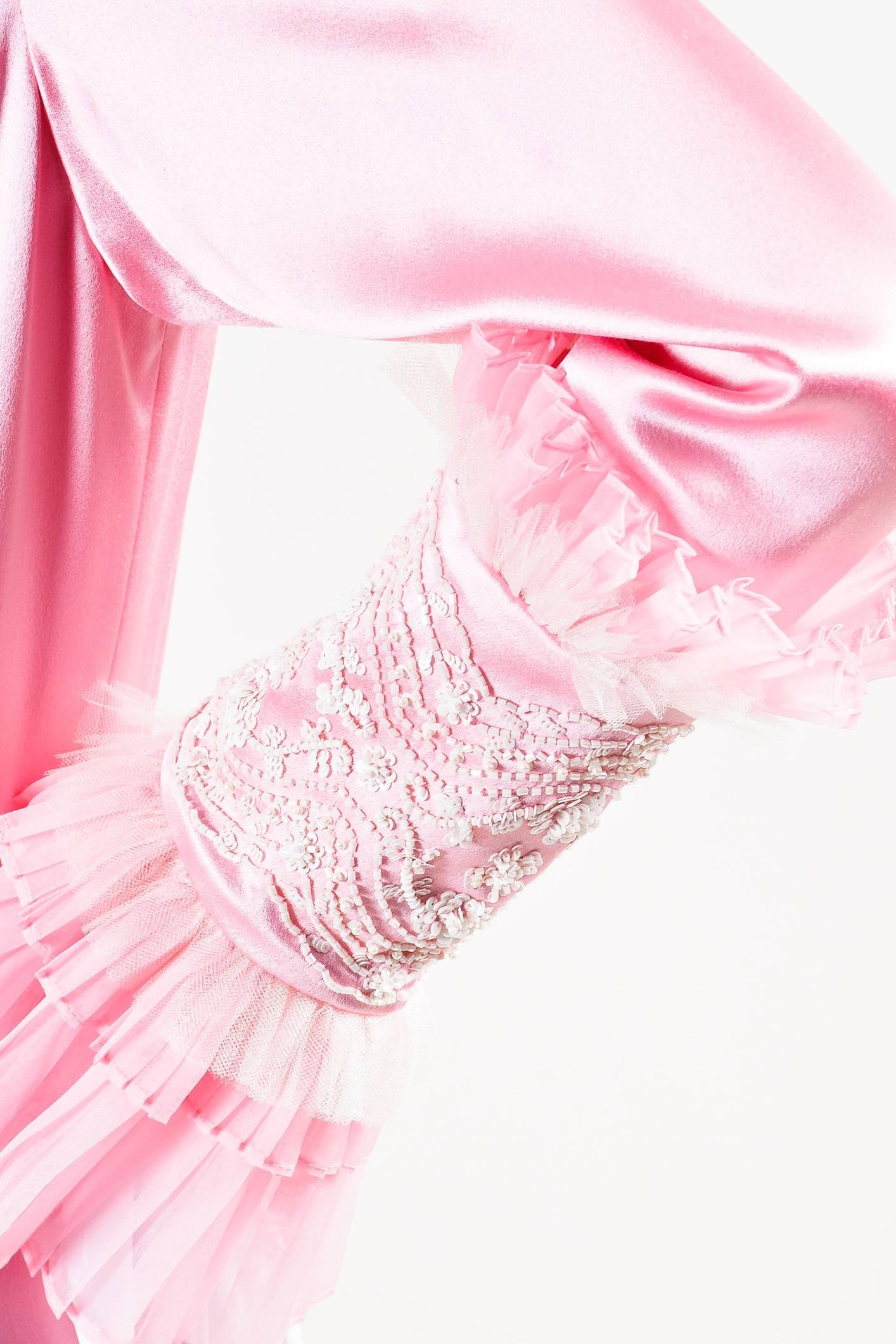 Women's Zang Toi Pink Silk Satin Beaded Ruffle Long Sleeve Maxi Dress Gown SZ 12 For Sale