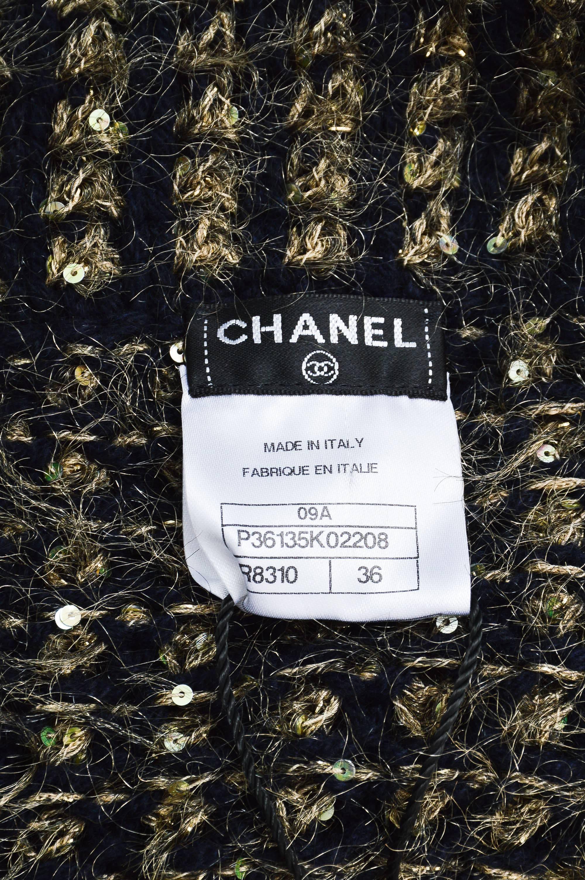 Women's Chanel 09A Gold Navy Metallic Woven Cashmere Sequin Long Sleeve Jacket SZ 36