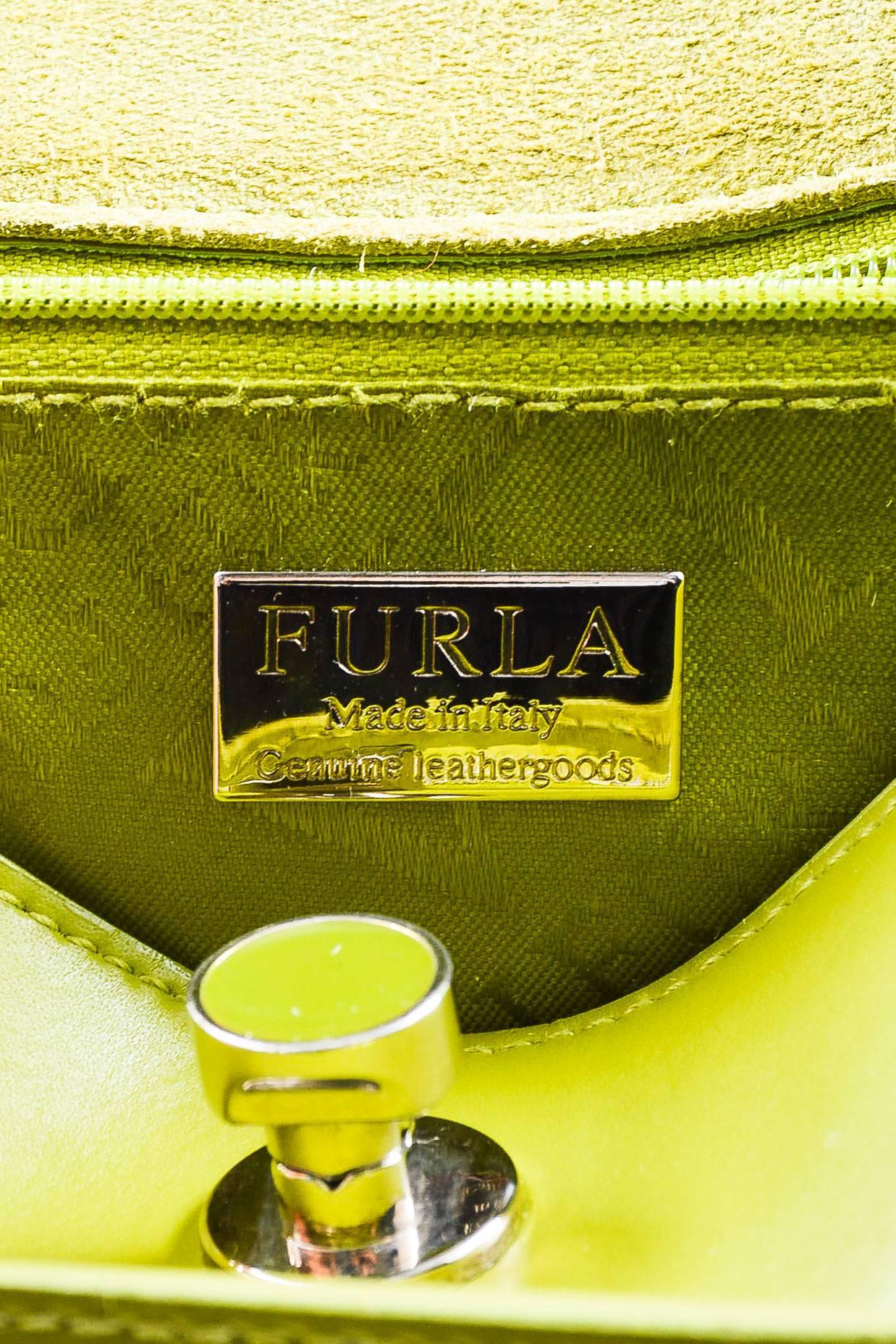 Vintage Furla Bright Green Leather Top Handle Flap Bag For Sale 1