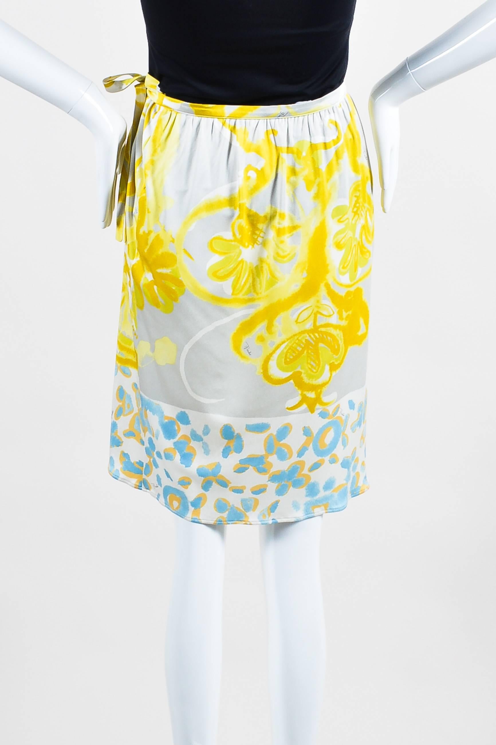 Emilio Pucci Yellow Blue Gray Silk Floral Watercolor Print Wrap Skirt SZ 4 In Excellent Condition For Sale In Chicago, IL