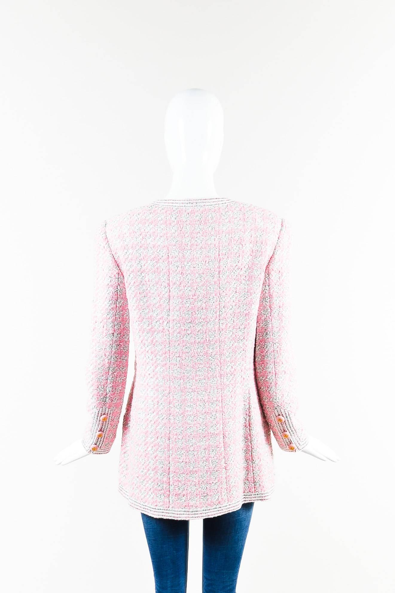 Beige Vintage Chanel Boutique 93P Pink & White Tweed Camellia Pinned Jacket SZ 42 For Sale