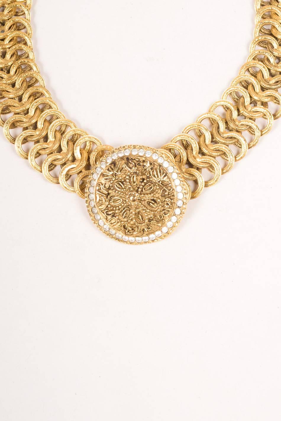 Chanel Gold Tone Chain Link Floral Medallion Choker Necklace In Good Condition For Sale In Chicago, IL