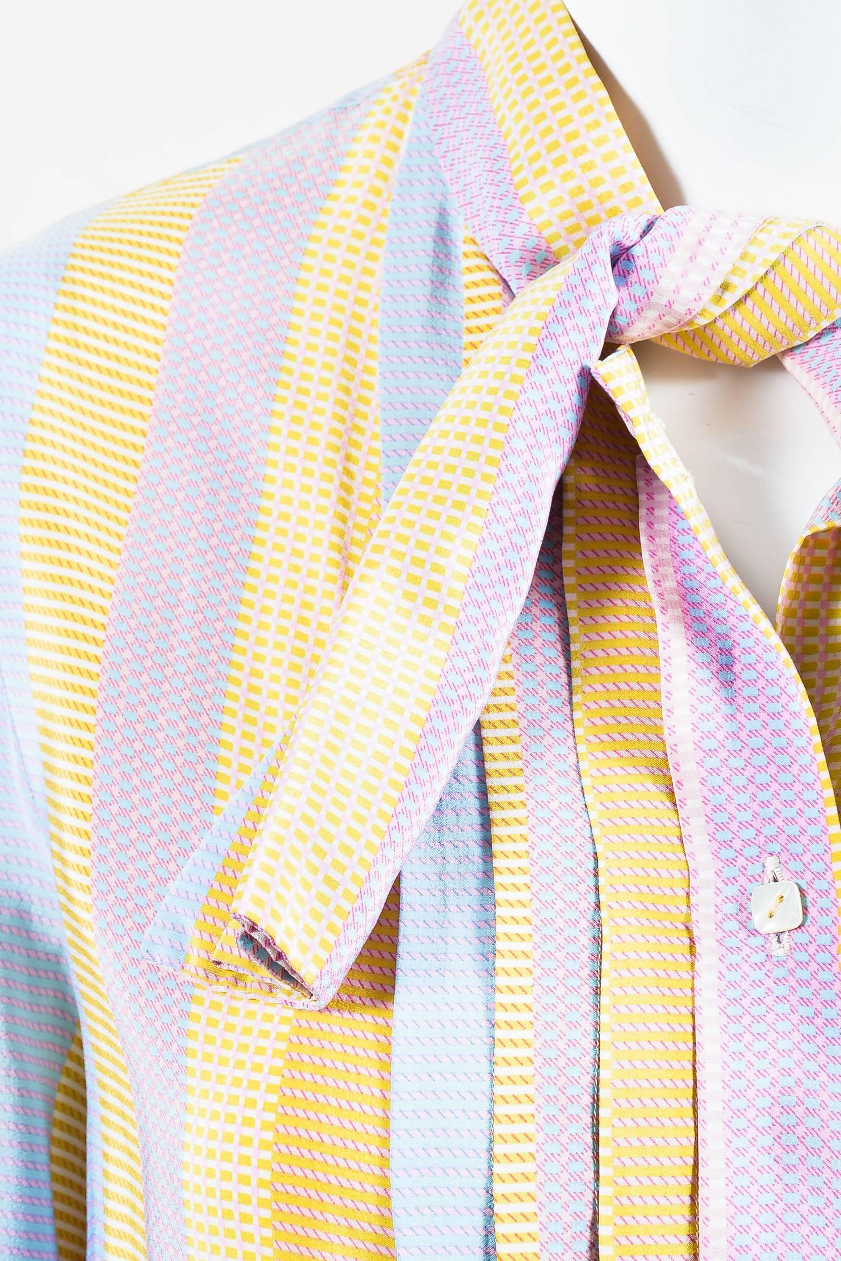 Beige Vintage Salvatore Ferragamo Multicolor Patterned Long Sleeve Silk Blouse SZ 10 