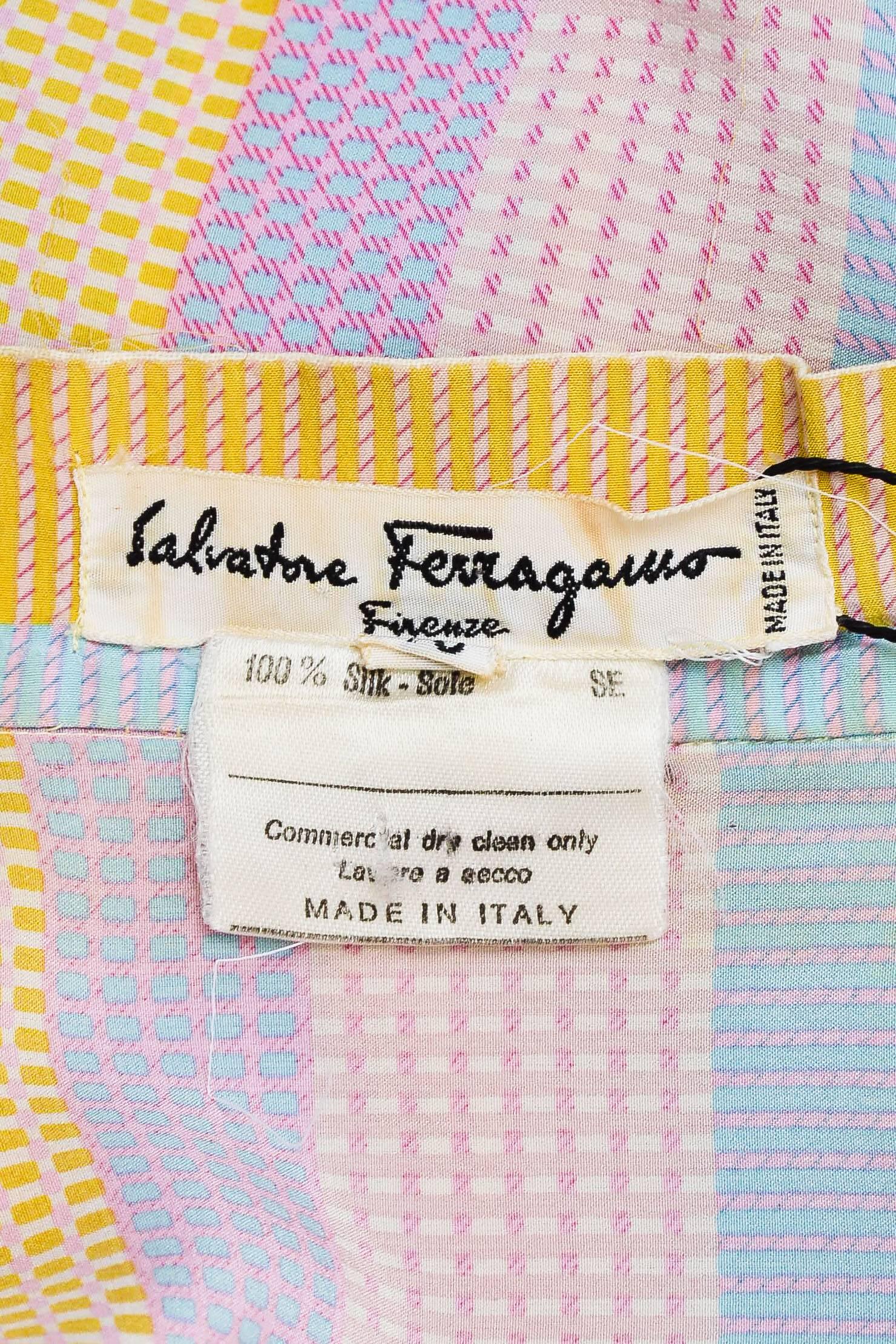 Women's Vintage Salvatore Ferragamo Multicolor Patterned Long Sleeve Silk Blouse SZ 10 