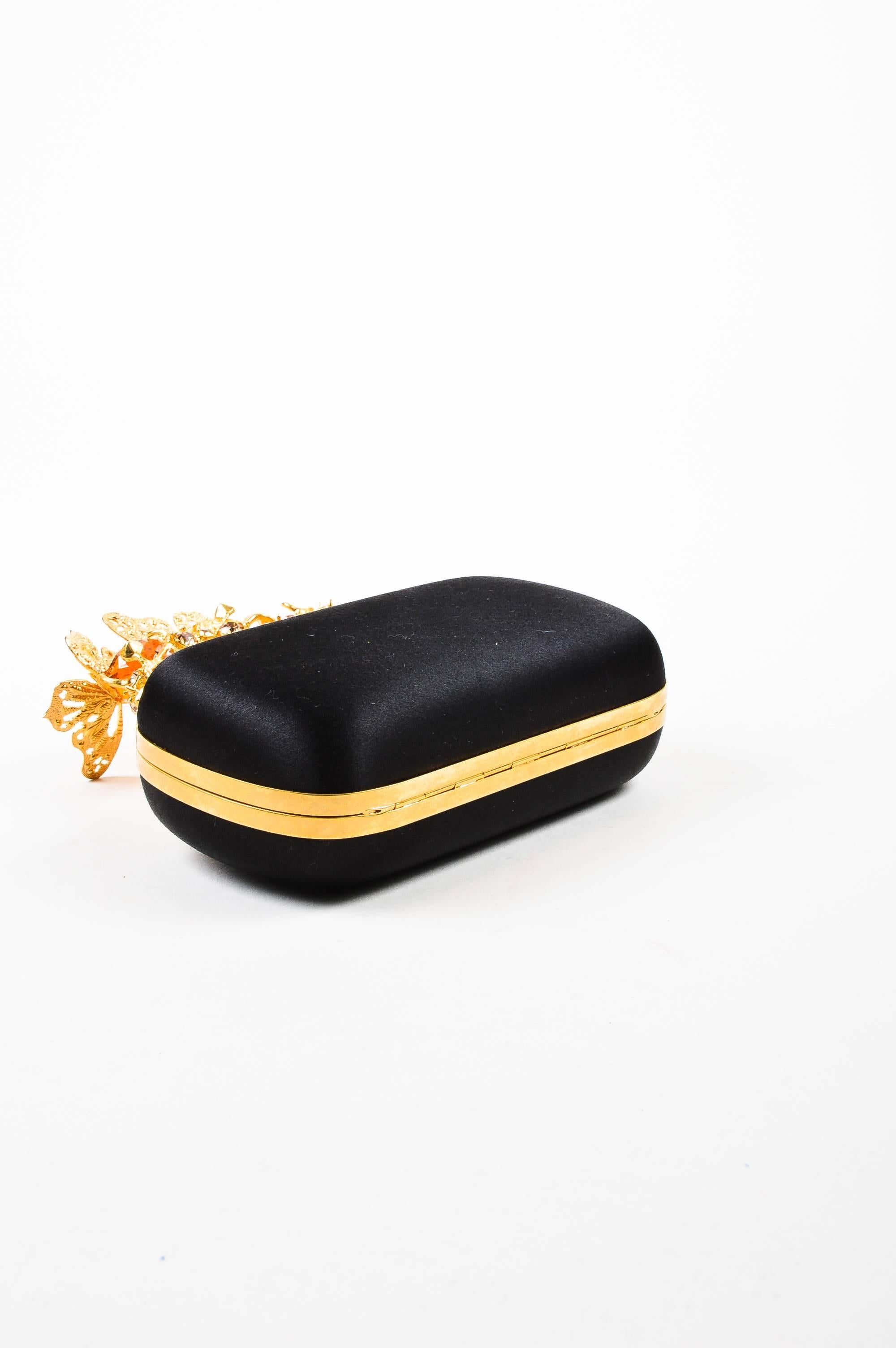 Alexander McQueen Black Satin Gold Tone Crystal Butterfly Knuckle Clutch In Good Condition For Sale In Chicago, IL