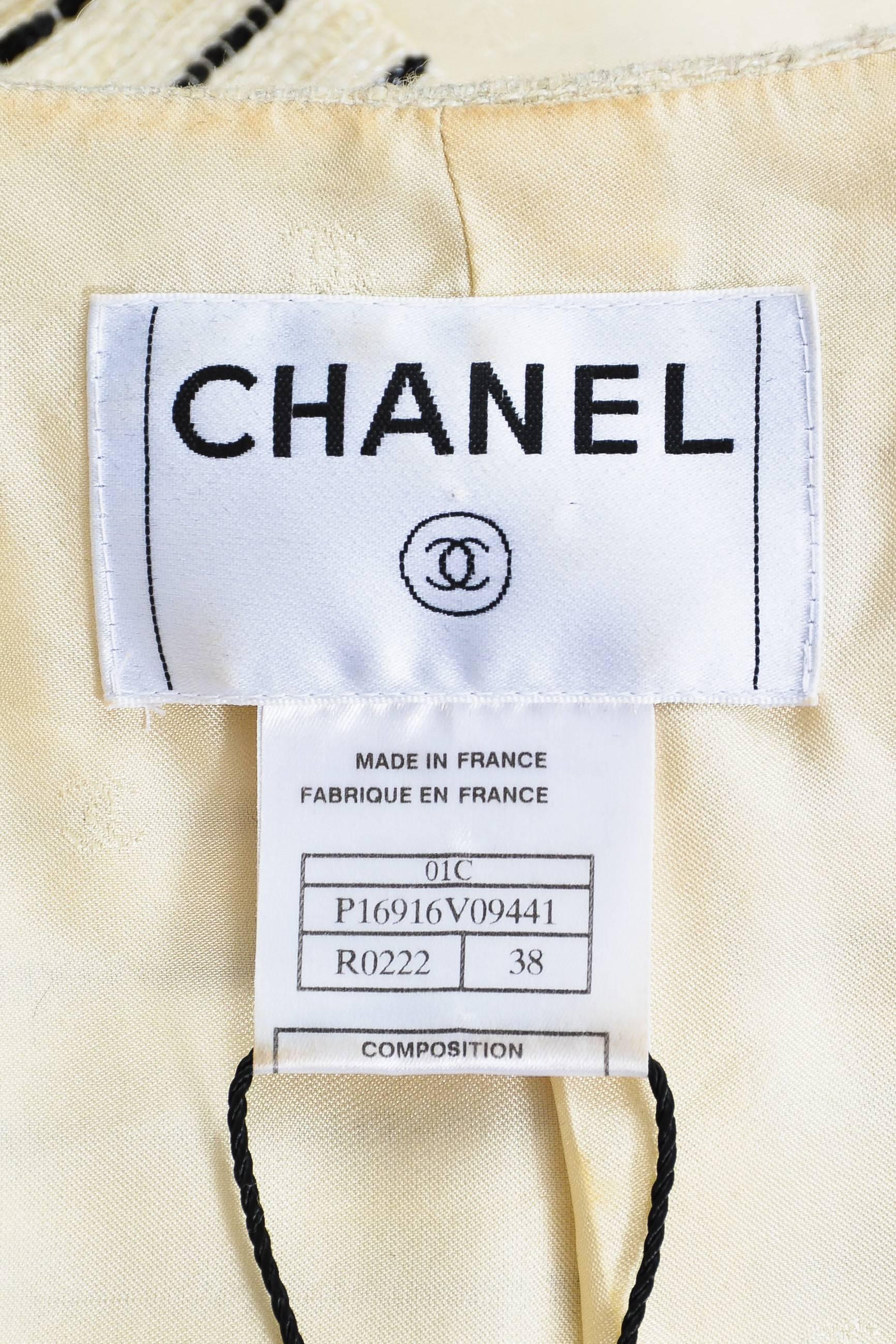 Women's Chanel 01C Cream Black Tweed Sequin Striped Camellia Flower Blazer Jacket SZ 38 For Sale