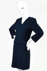 Chanel Navy Blue Boucle Tweed Zip Long Sleeve Jacket A Line Skirt Suit Set SZ 40
