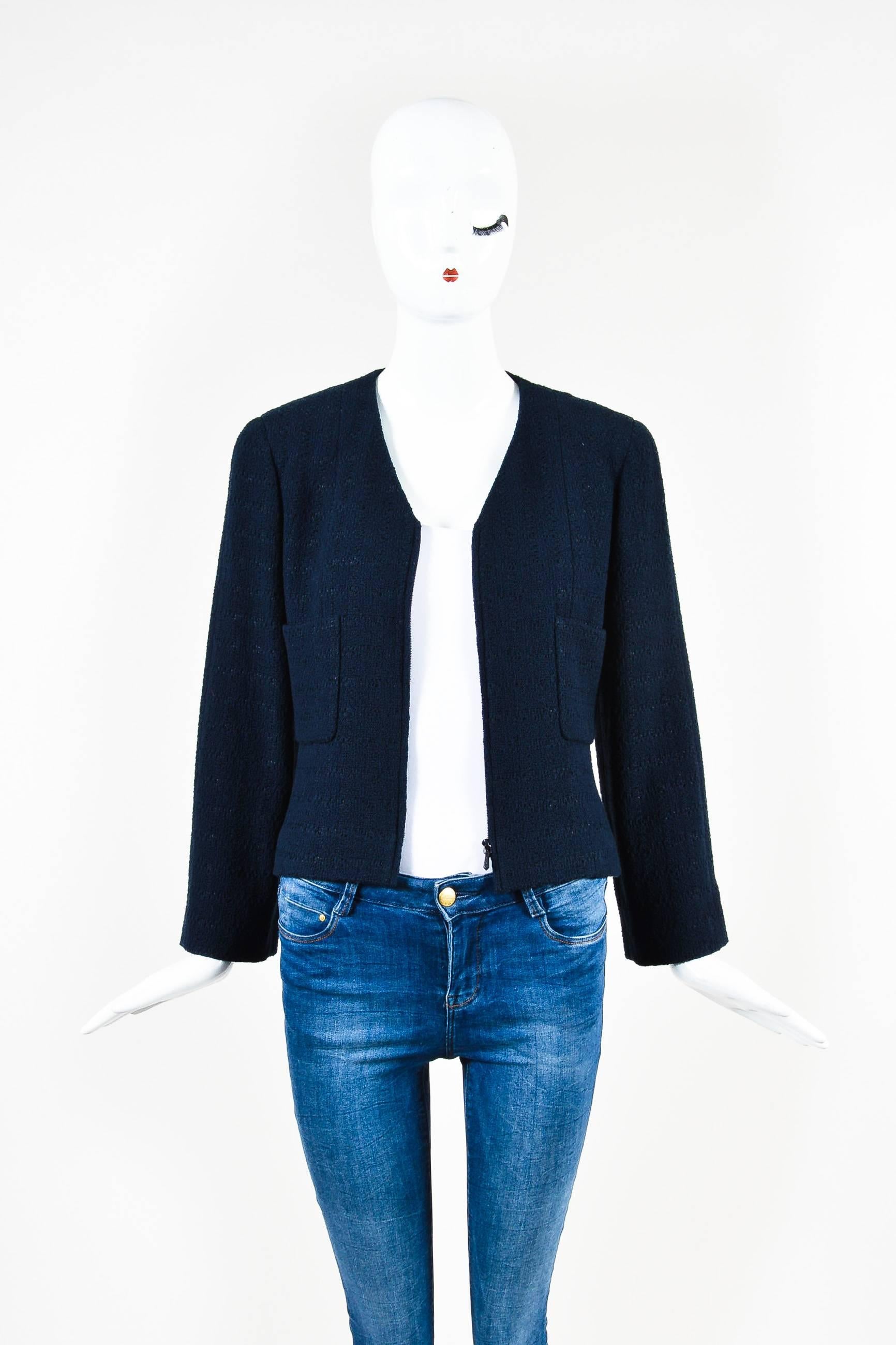 Black Chanel Navy Blue Boucle Tweed Zip Long Sleeve Jacket A Line Skirt Suit Set SZ 40 For Sale
