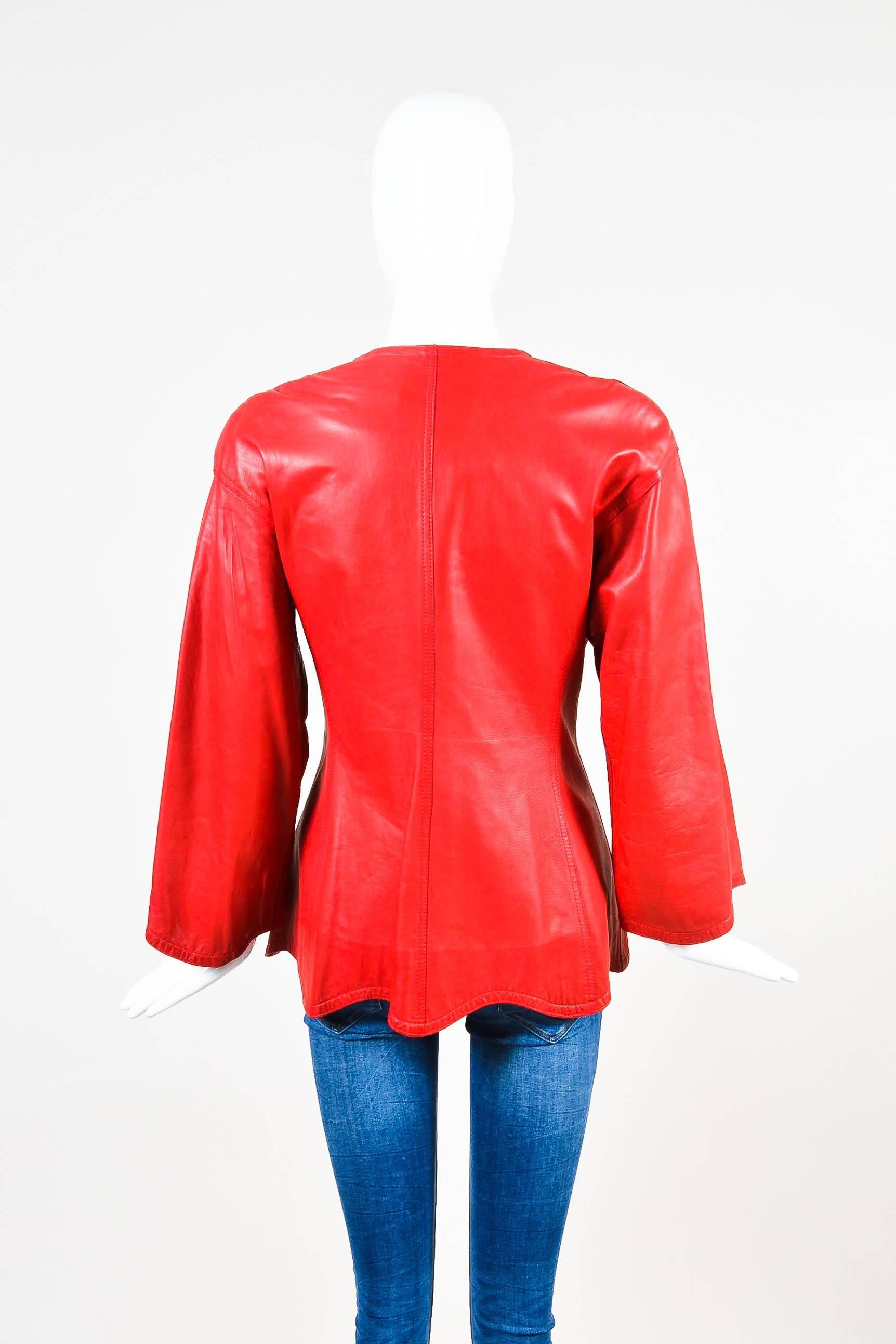 Vintage Jean Muir Red Leather Scalloped Trim Button Down Long Sleeve Jacket SZ 8 In Good Condition For Sale In Chicago, IL