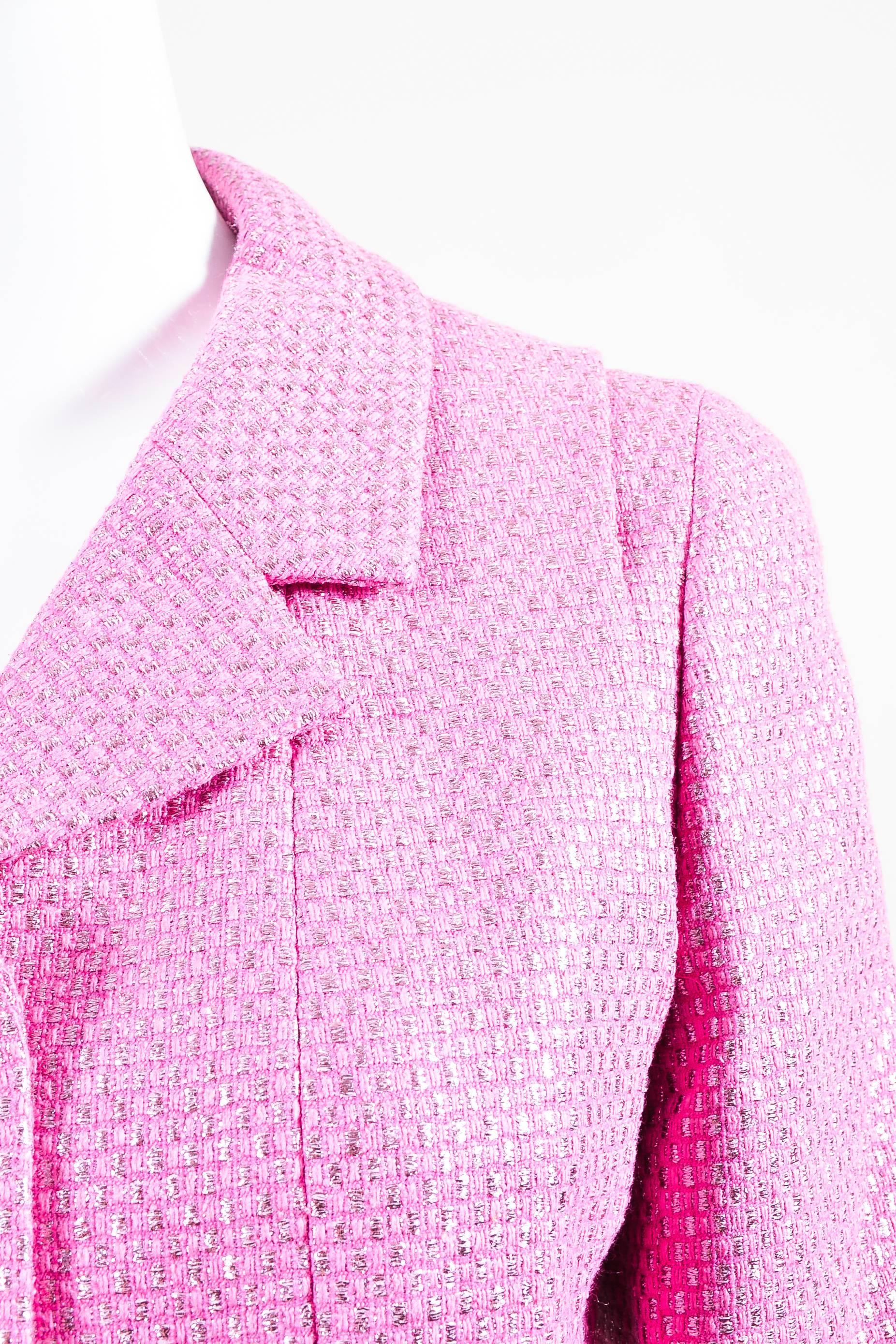 Chanel Bubblegum Metallic Pink Collared LS Buttoned Jacket SZ 40 In Excellent Condition For Sale In Chicago, IL