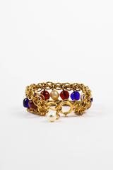 Vintage Chanel Gold Tone Blue Red Faux Pearl Beaded Layered Chain Link Bracelet